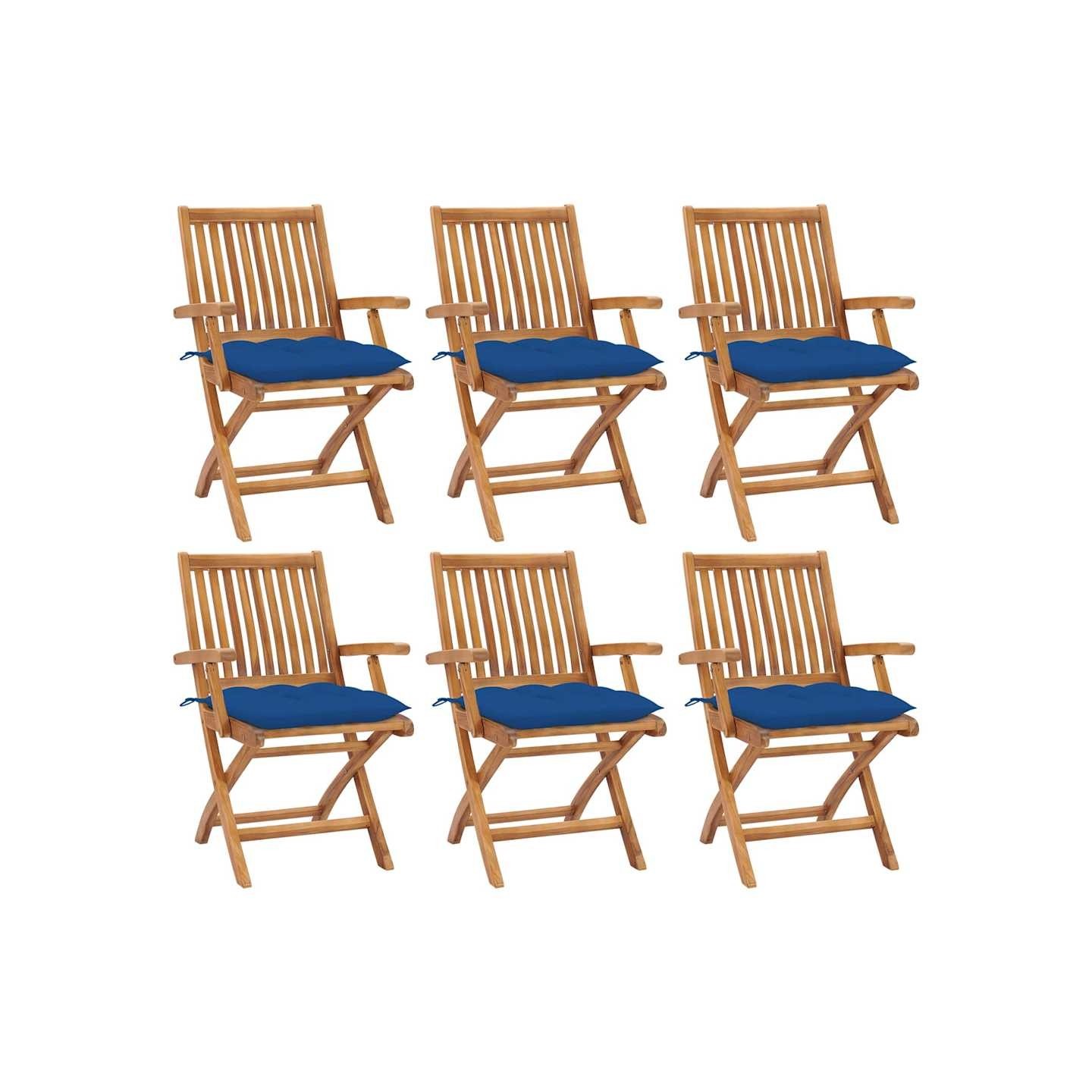 Chaises pliantes avec coussins, 6 pièces, en teck massif
