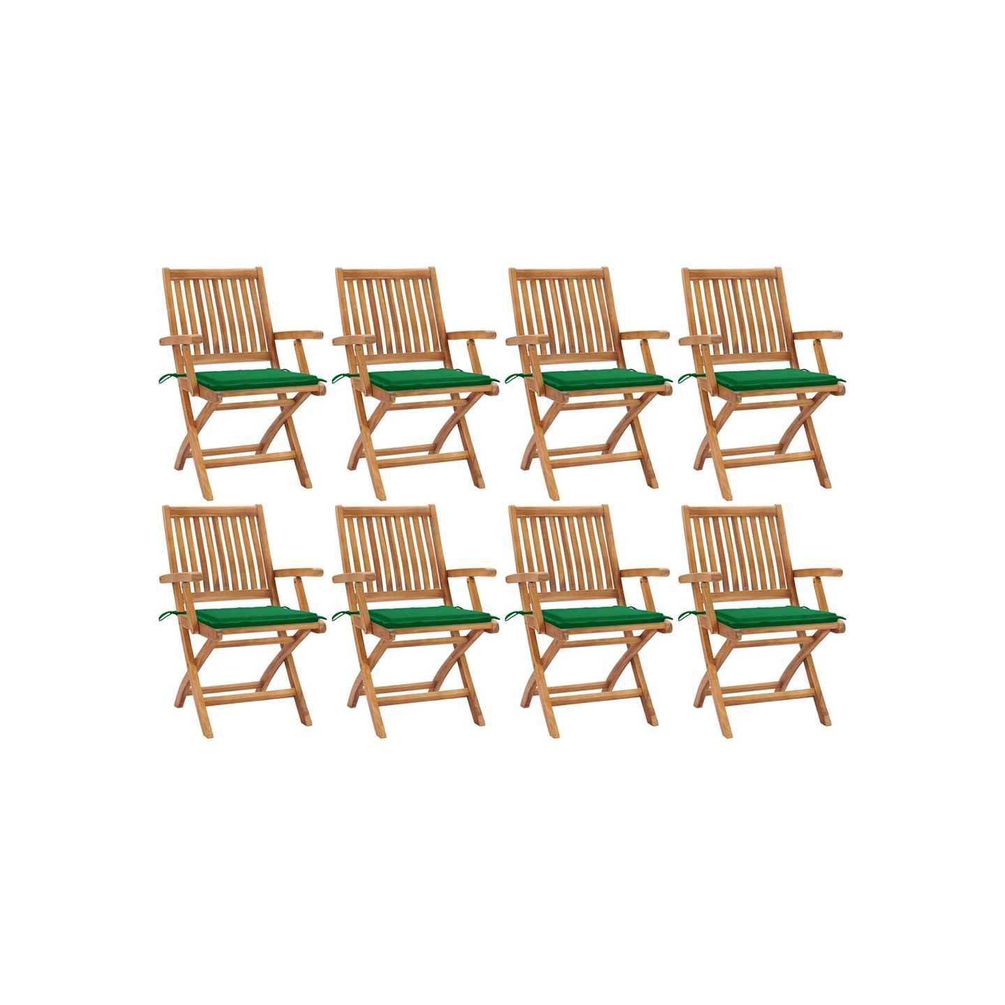 Chaises pliantes avec coussins, 8 pièces, en teck massif