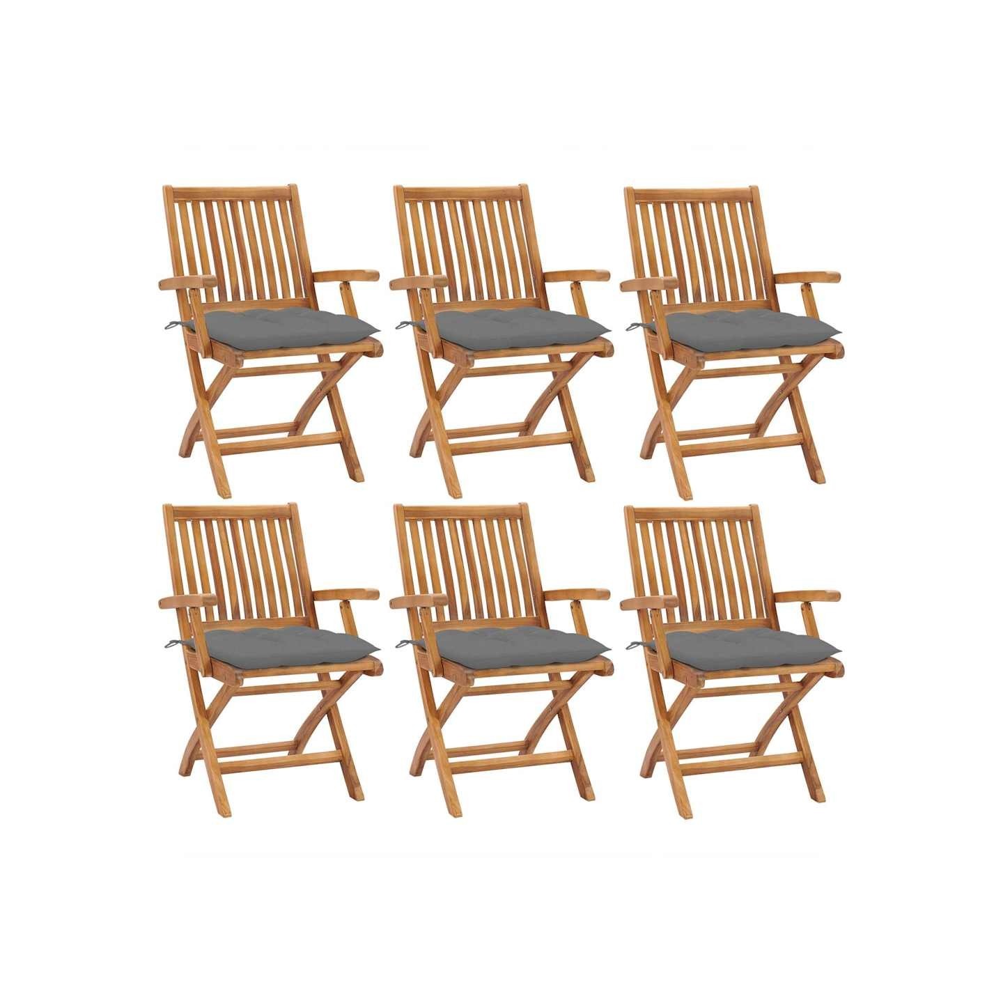 Chaises pliantes avec coussins, 6 pièces, en teck massif