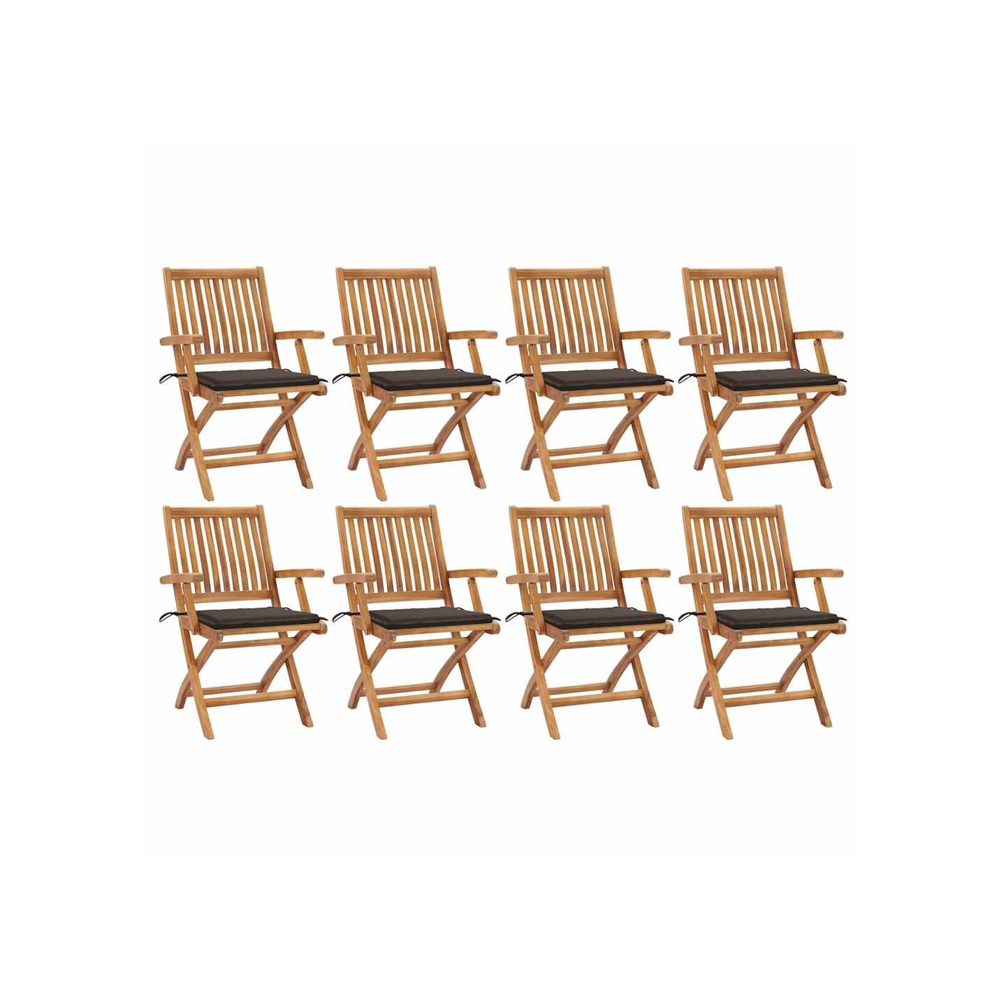 Chaises pliantes avec coussins, 8 pièces, en teck massif