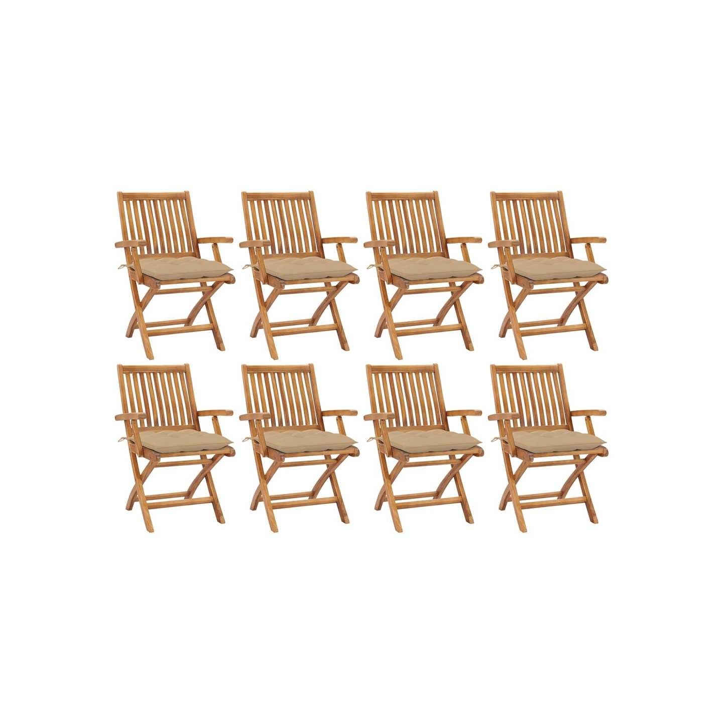 Chaises pliantes avec coussins, 8 pièces, en teck massif
