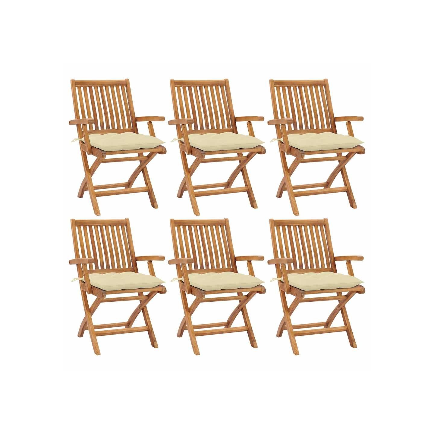 Chaises pliantes avec coussins, 6 pièces, en teck massif
