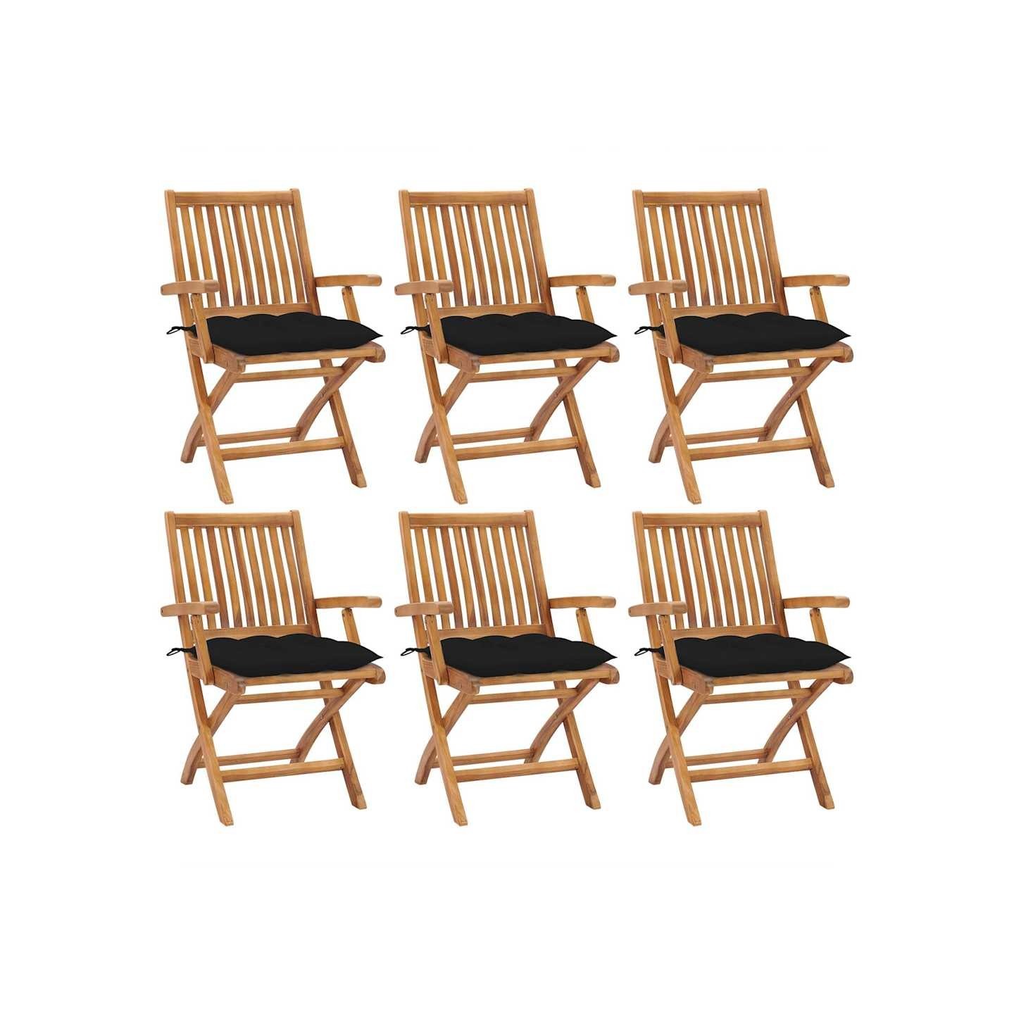 Chaises pliantes avec coussins, 6 pièces, en teck massif