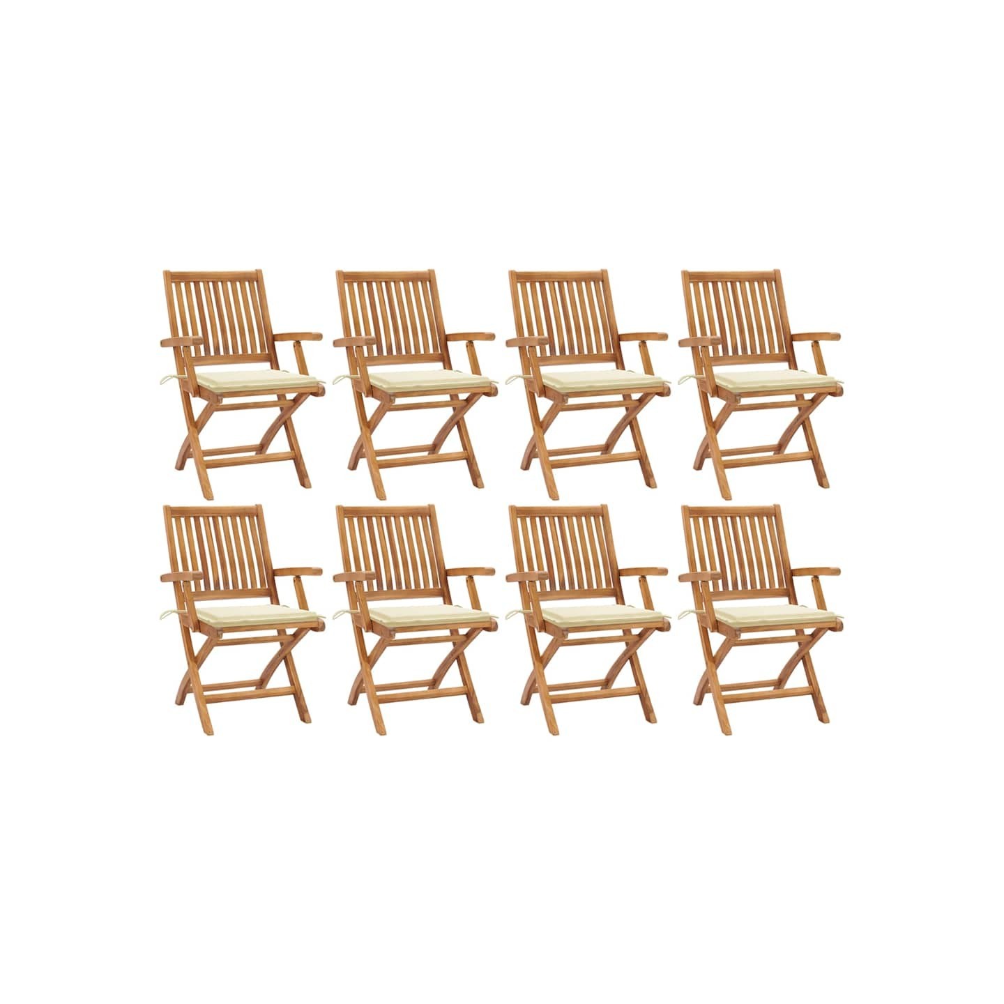 Chaises pliantes avec coussins, 8 pièces, en teck massif