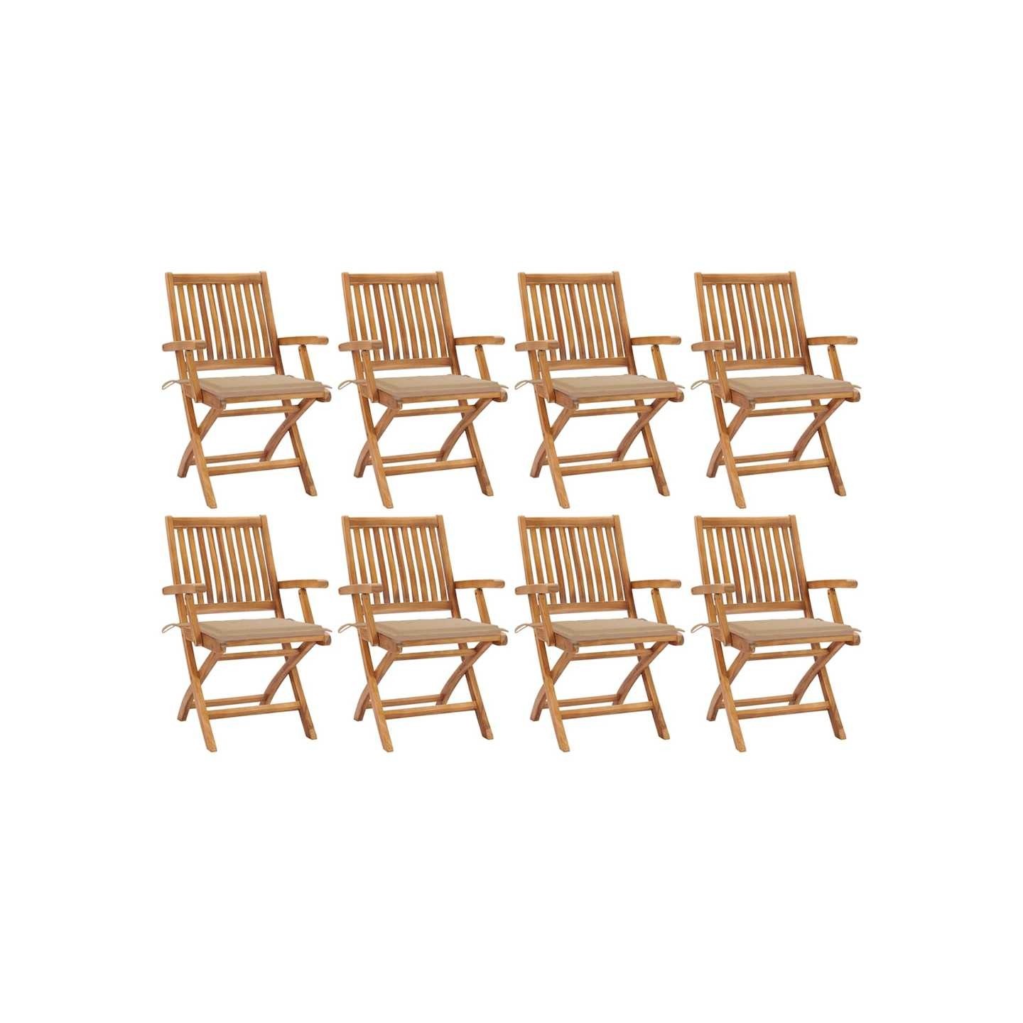 Chaises pliantes avec coussins, 8 pièces, en teck massif