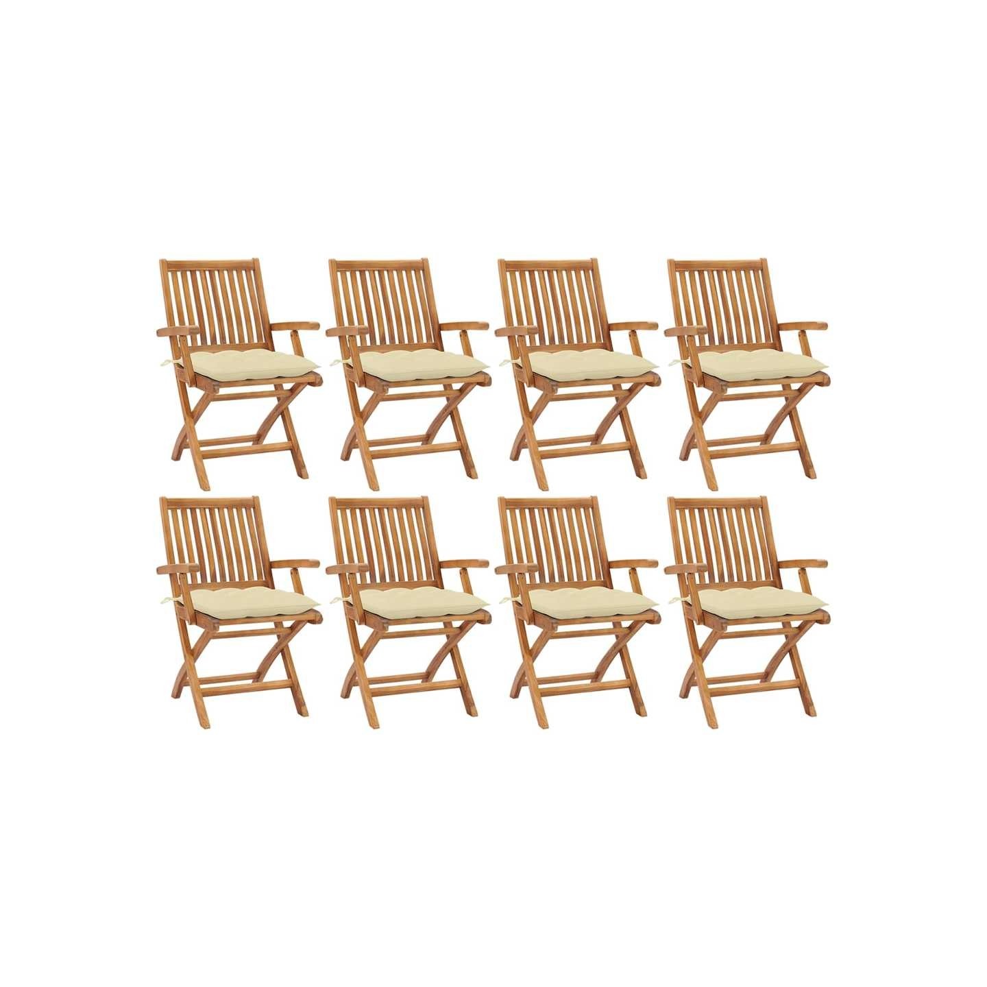 Chaises pliantes avec coussins, 8 pièces, en teck massif
