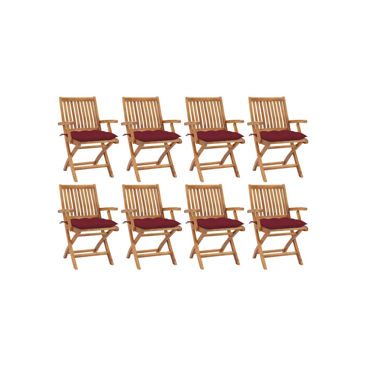 Chaises pliantes avec coussins, 8 pièces, en teck massif