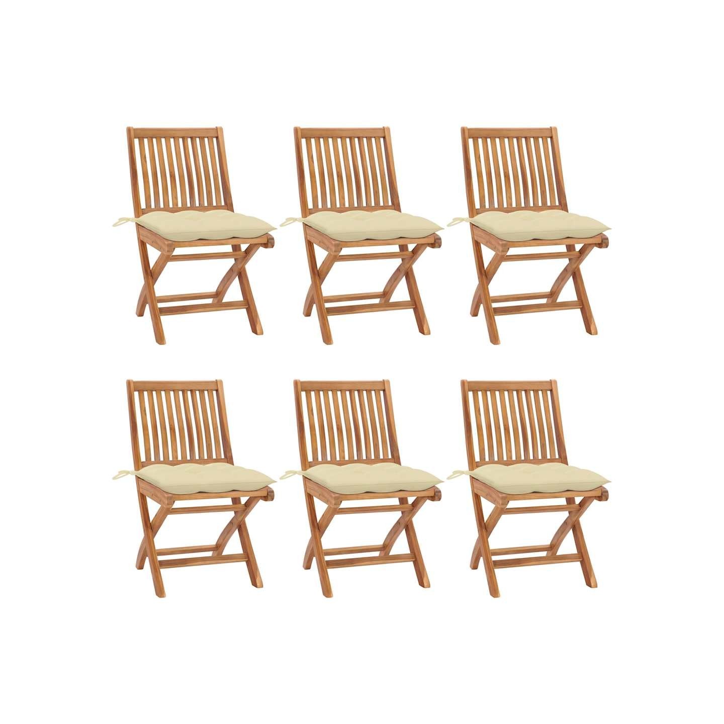 Chaises pliantes avec coussins, 6 pièces, en teck massif