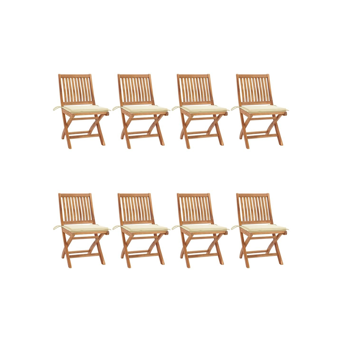 Chaises pliantes avec coussins, 8 pièces, en teck massif