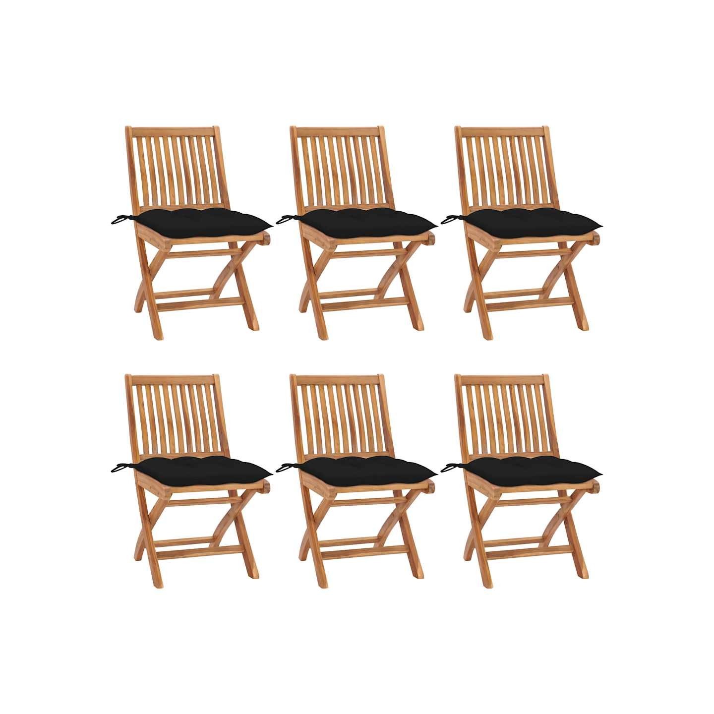 Chaises pliantes avec coussins, 6 pièces, en teck massif