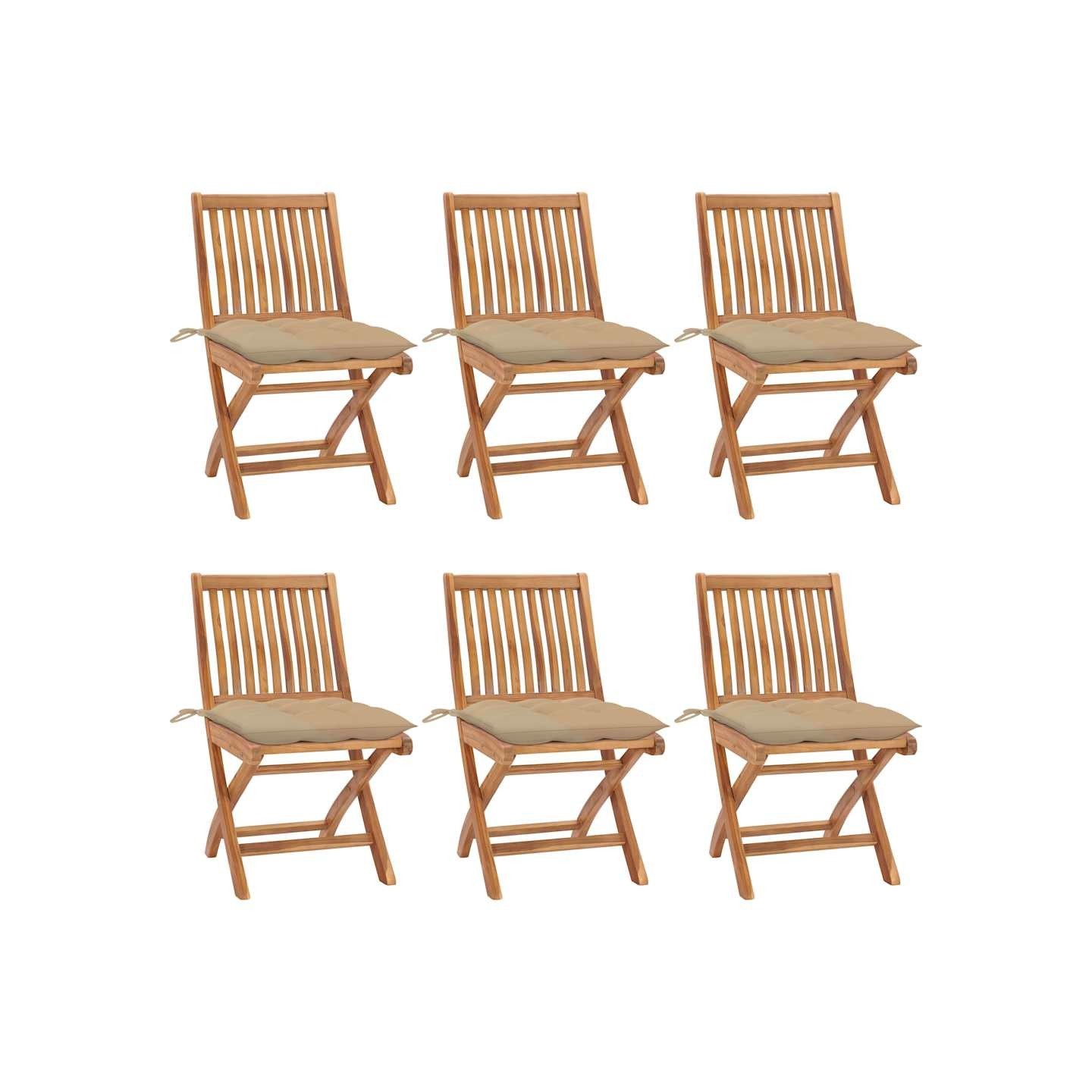 Chaises pliantes avec coussins, 6 pièces, en teck massif