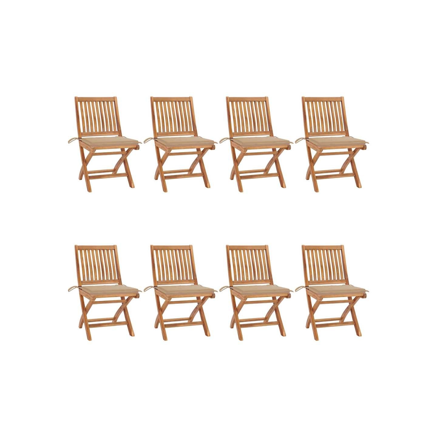 Chaises pliantes avec coussins, 8 pièces, en teck massif