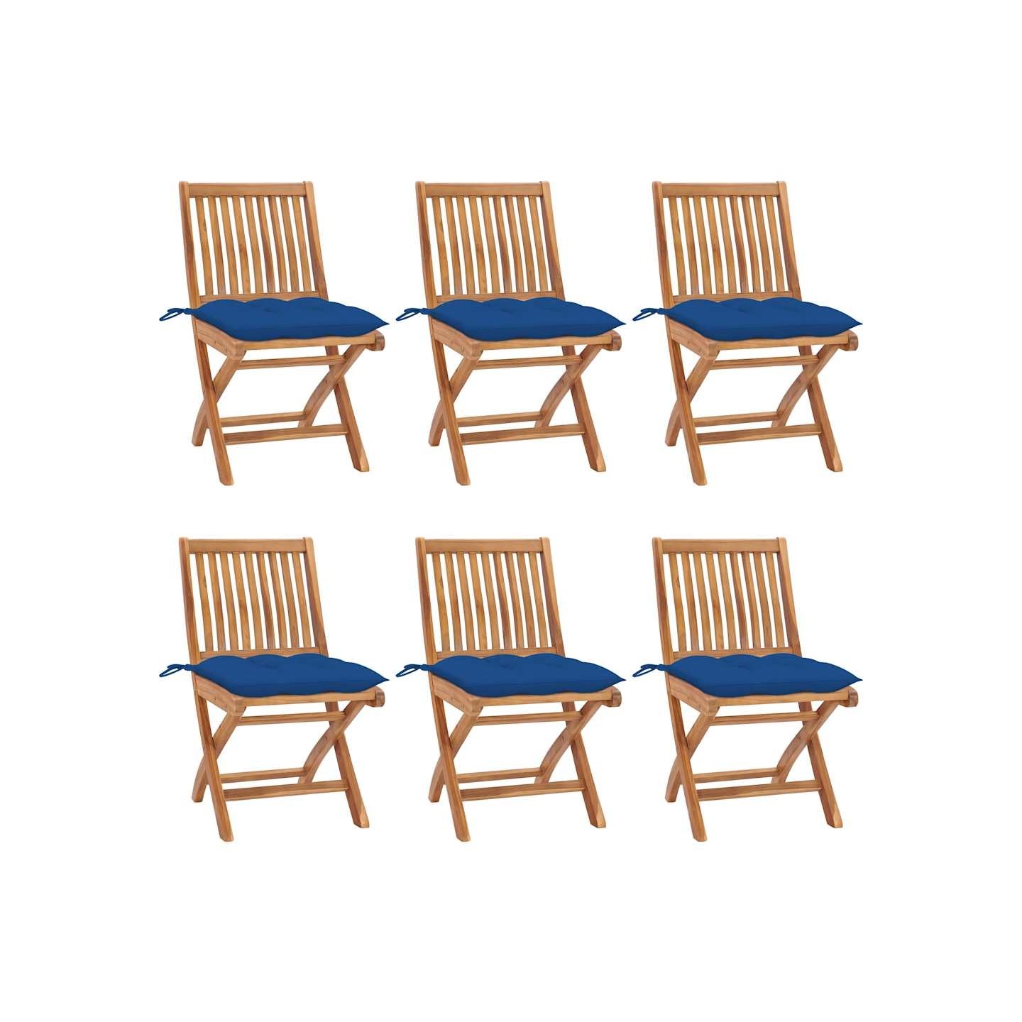 Chaises pliantes avec coussins, 6 pièces, en teck massif