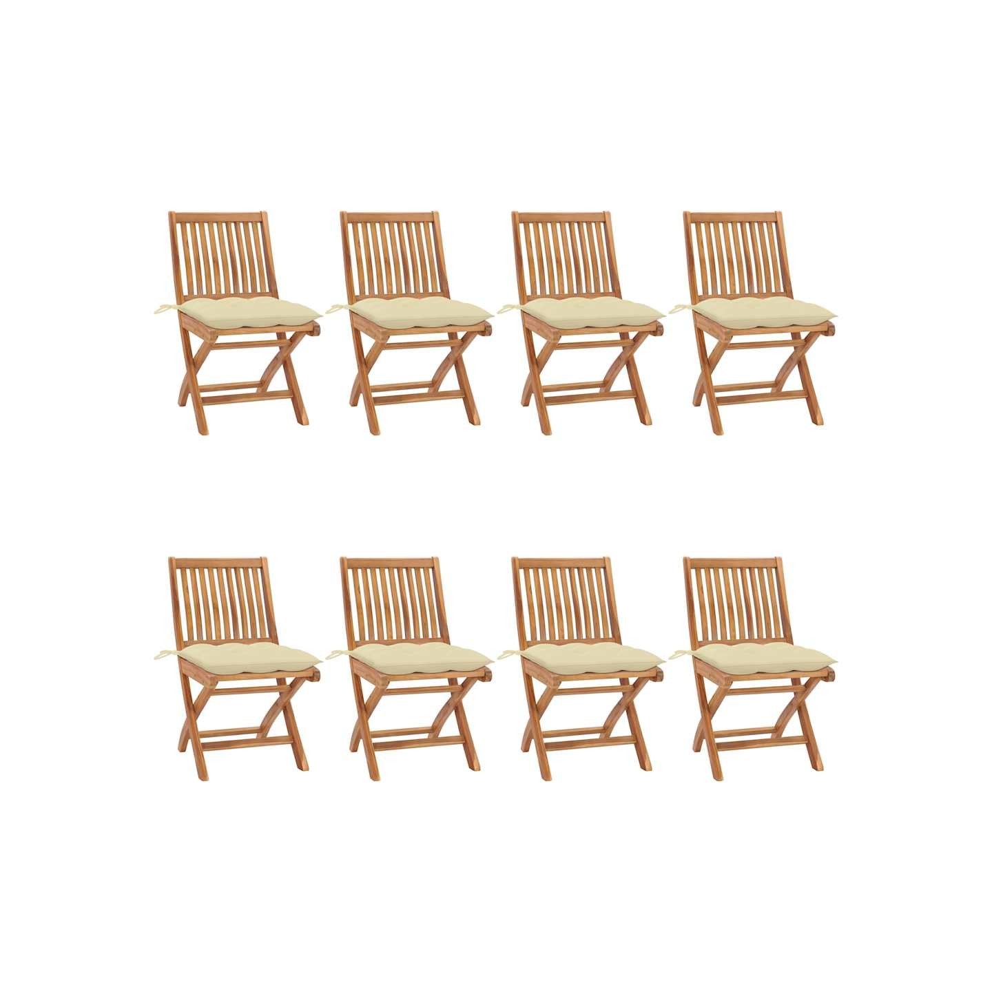 Chaises pliantes avec coussins, 8 pièces, en teck massif