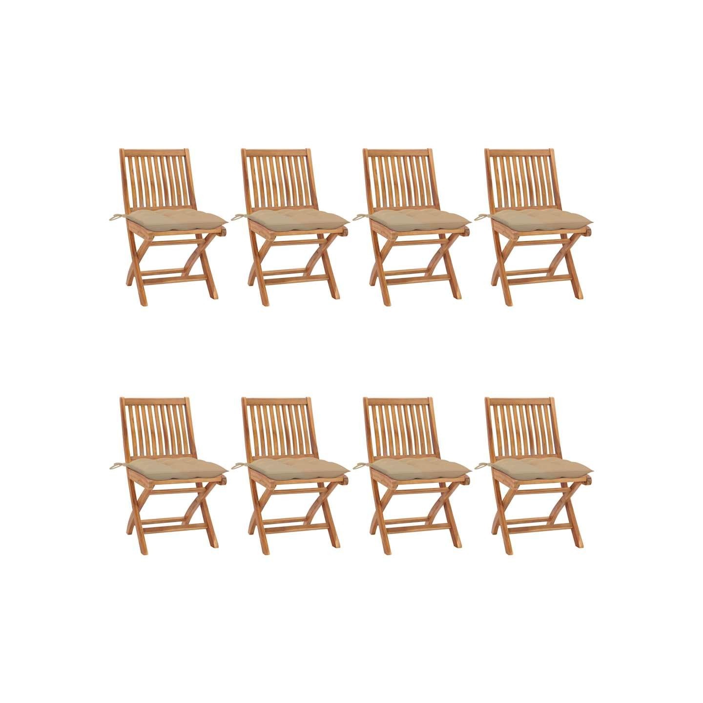 Chaises pliantes avec coussins, 8 pièces, en teck massif