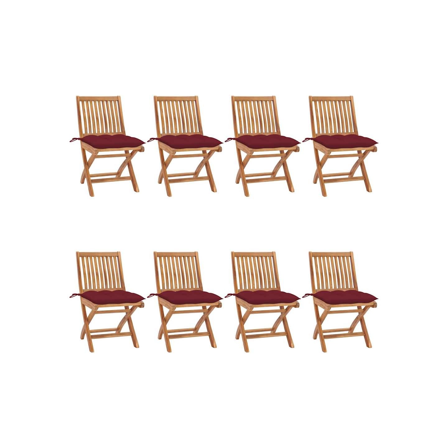 Chaises pliantes avec coussins, 8 pièces, en teck massif