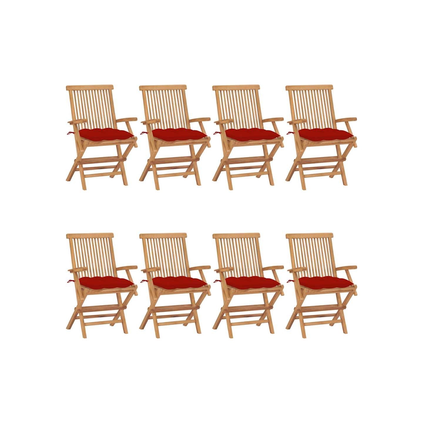 Chaises pliantes avec coussins rouges 8 pcs teck massif