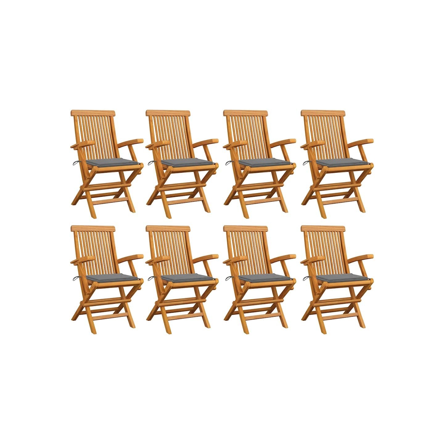Chaises pliantes avec coussins gris, 8 pièces, en teck massif