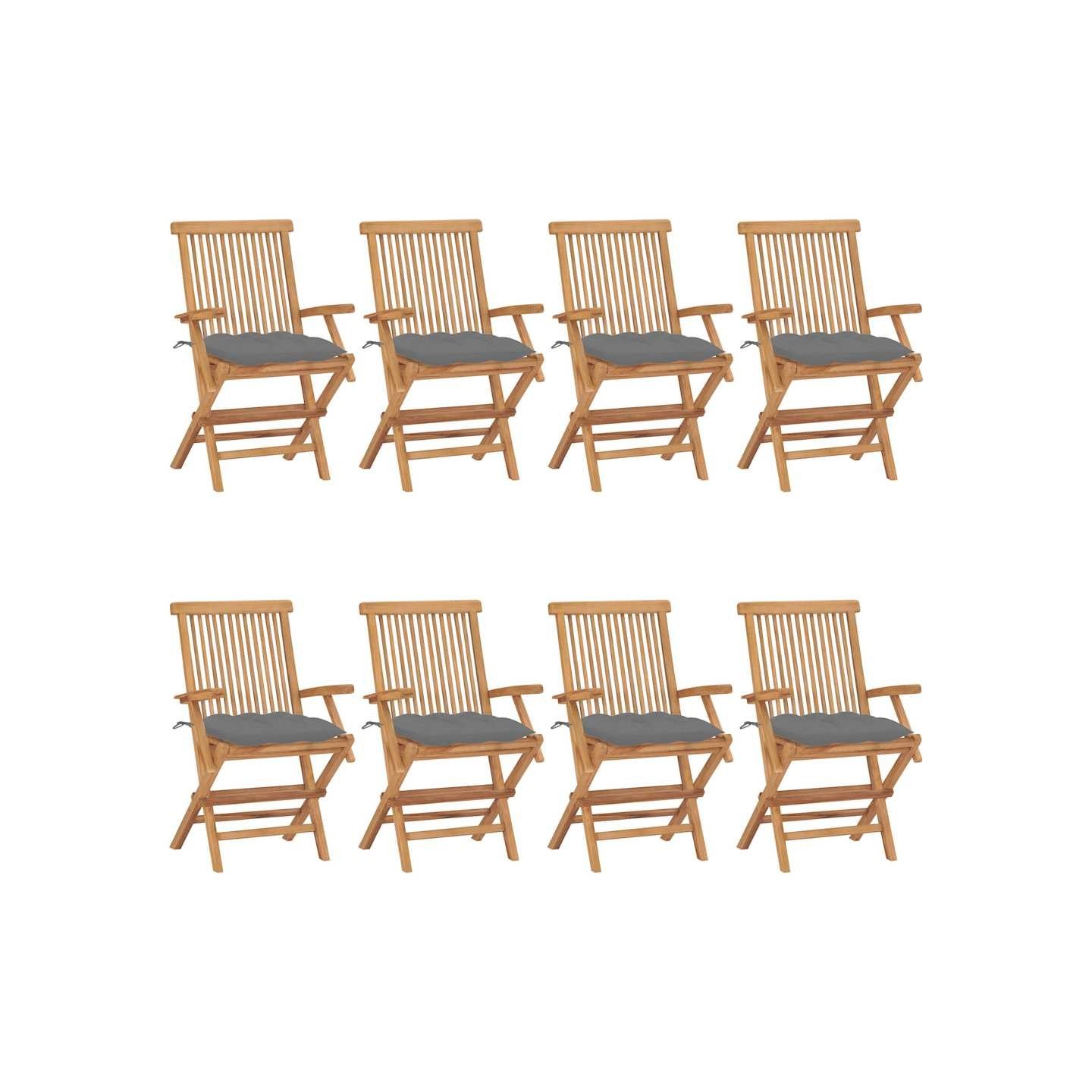Chaises pliantes avec coussins gris, 8 pièces, en teck massif