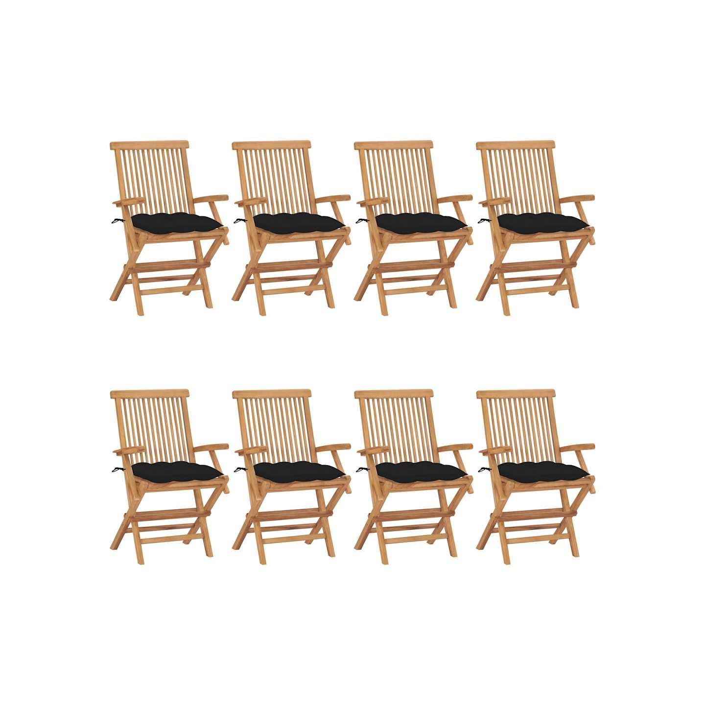Chaises pliantes avec coussins noirs 8 pcs teck massif
