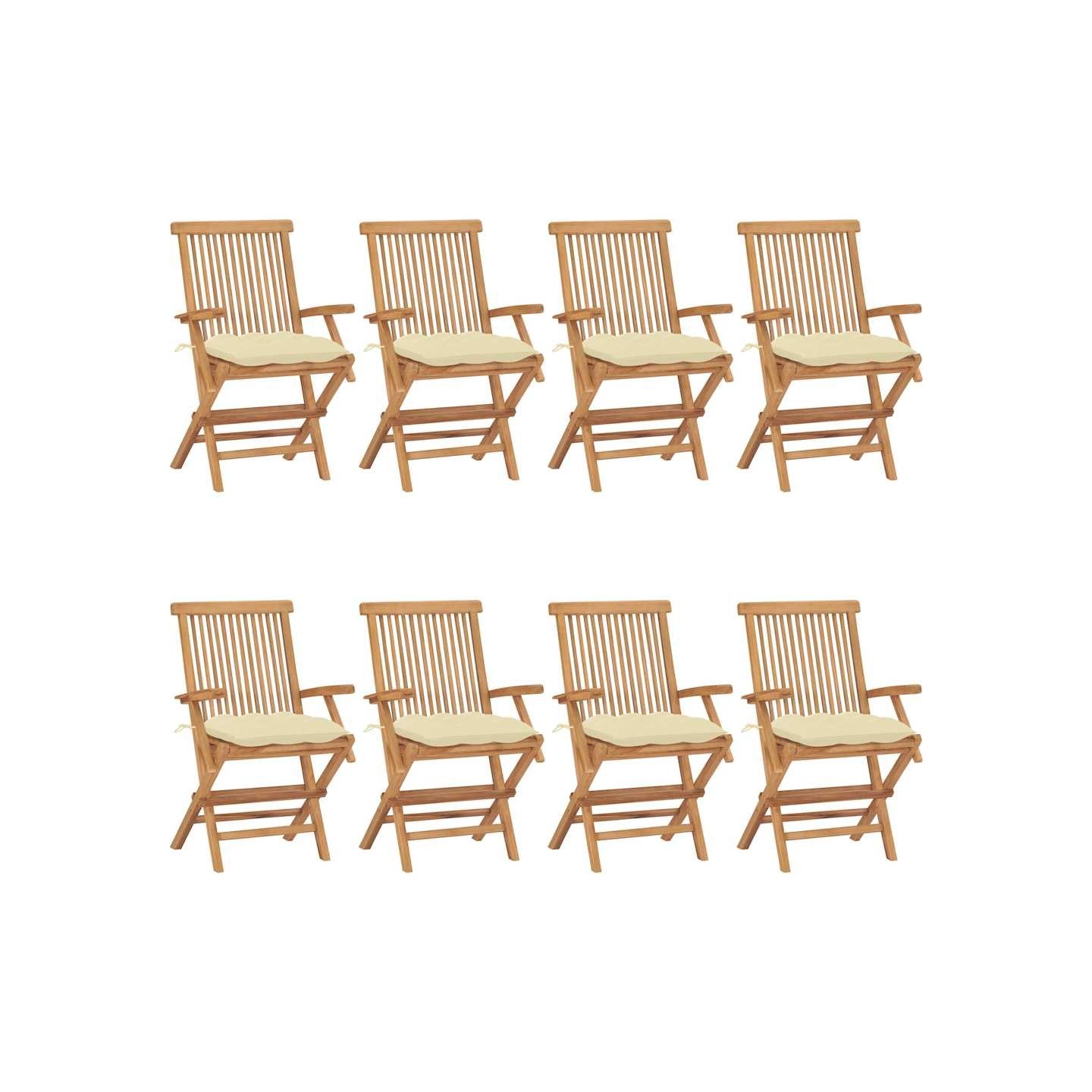 Chaises pliantes avec coussins blanc crème, 8 pièces, en teck massif
