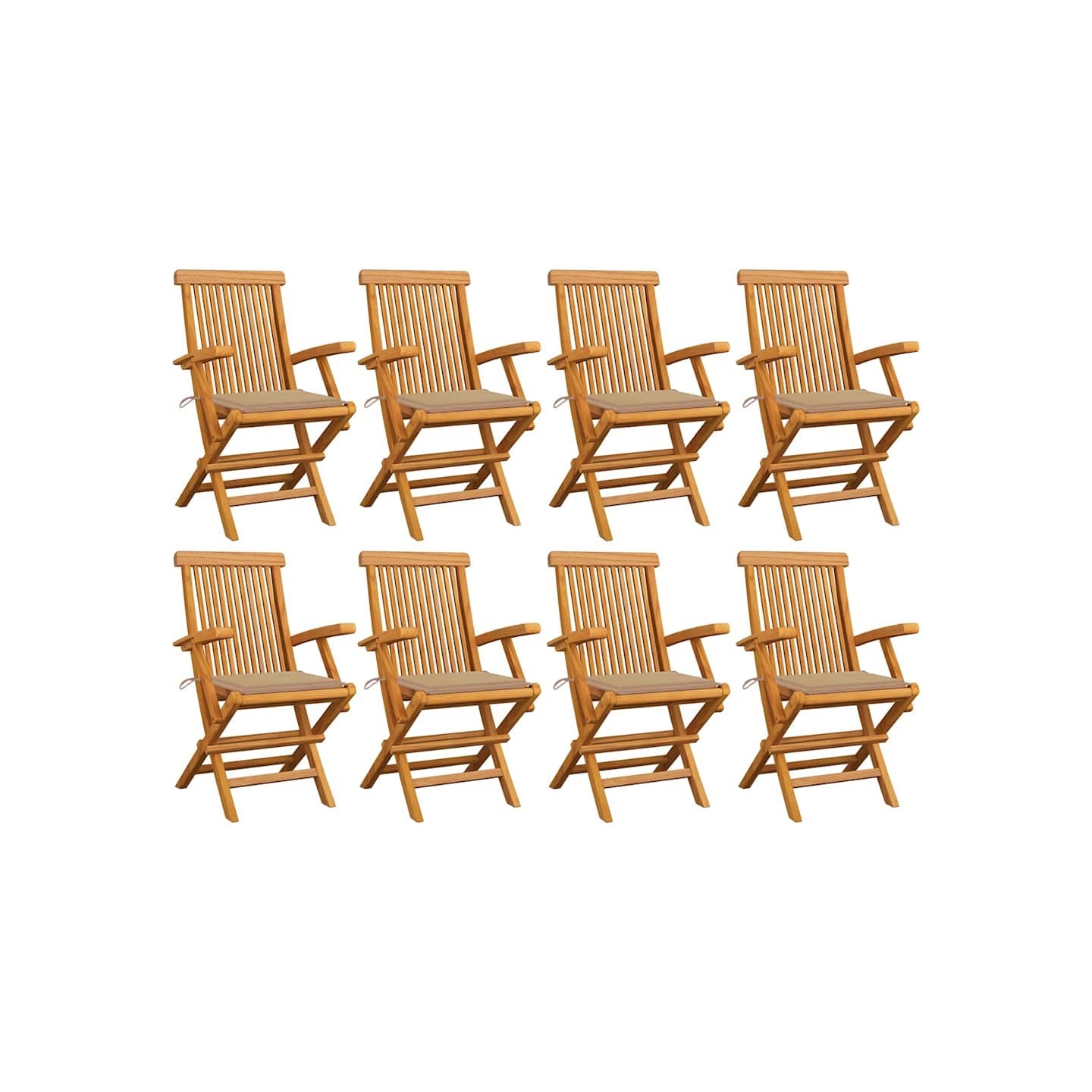 Chaises pliantes avec coussins beiges 8 pcs teck massif