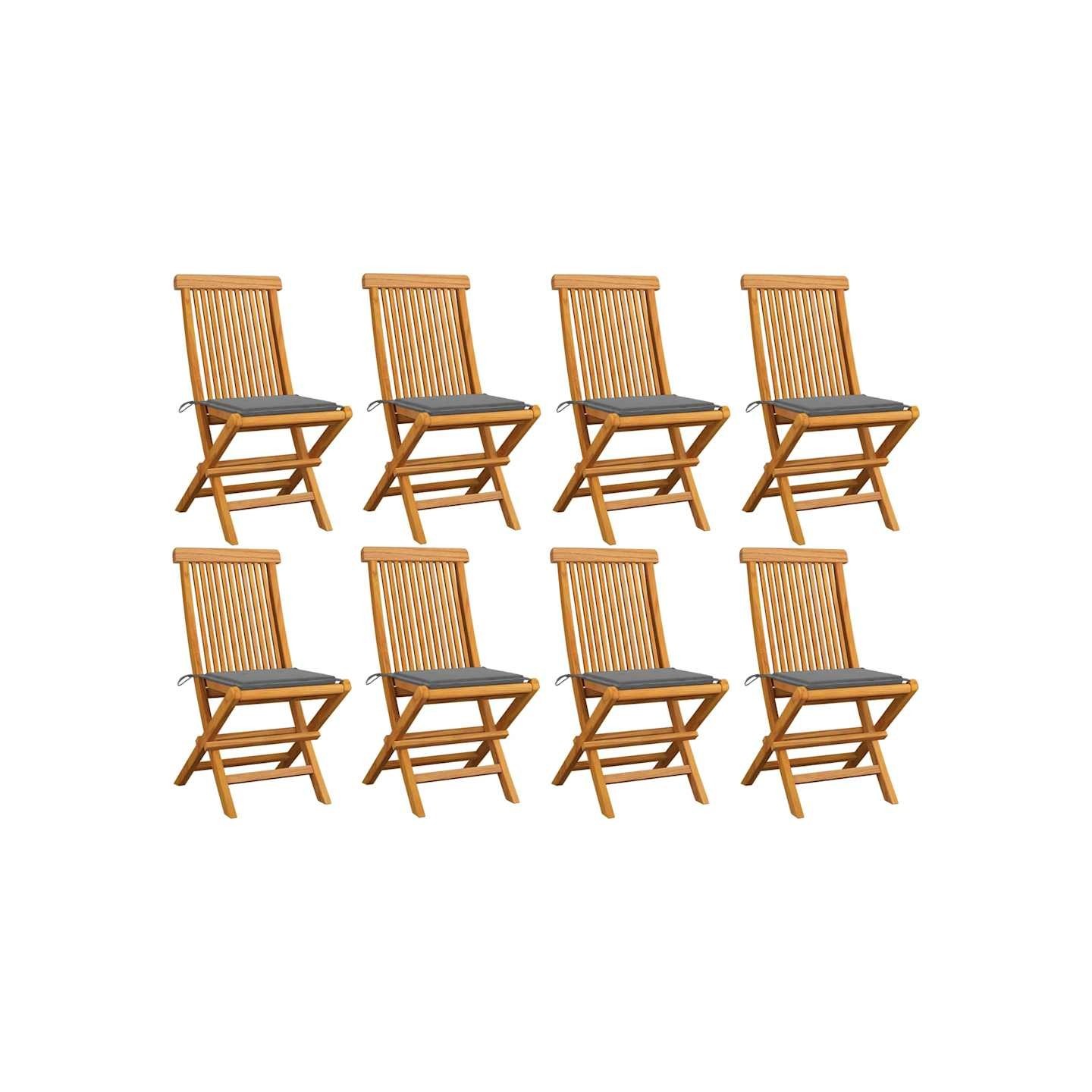 Chaises pliantes avec coussins gris, 8 pièces, en teck massif