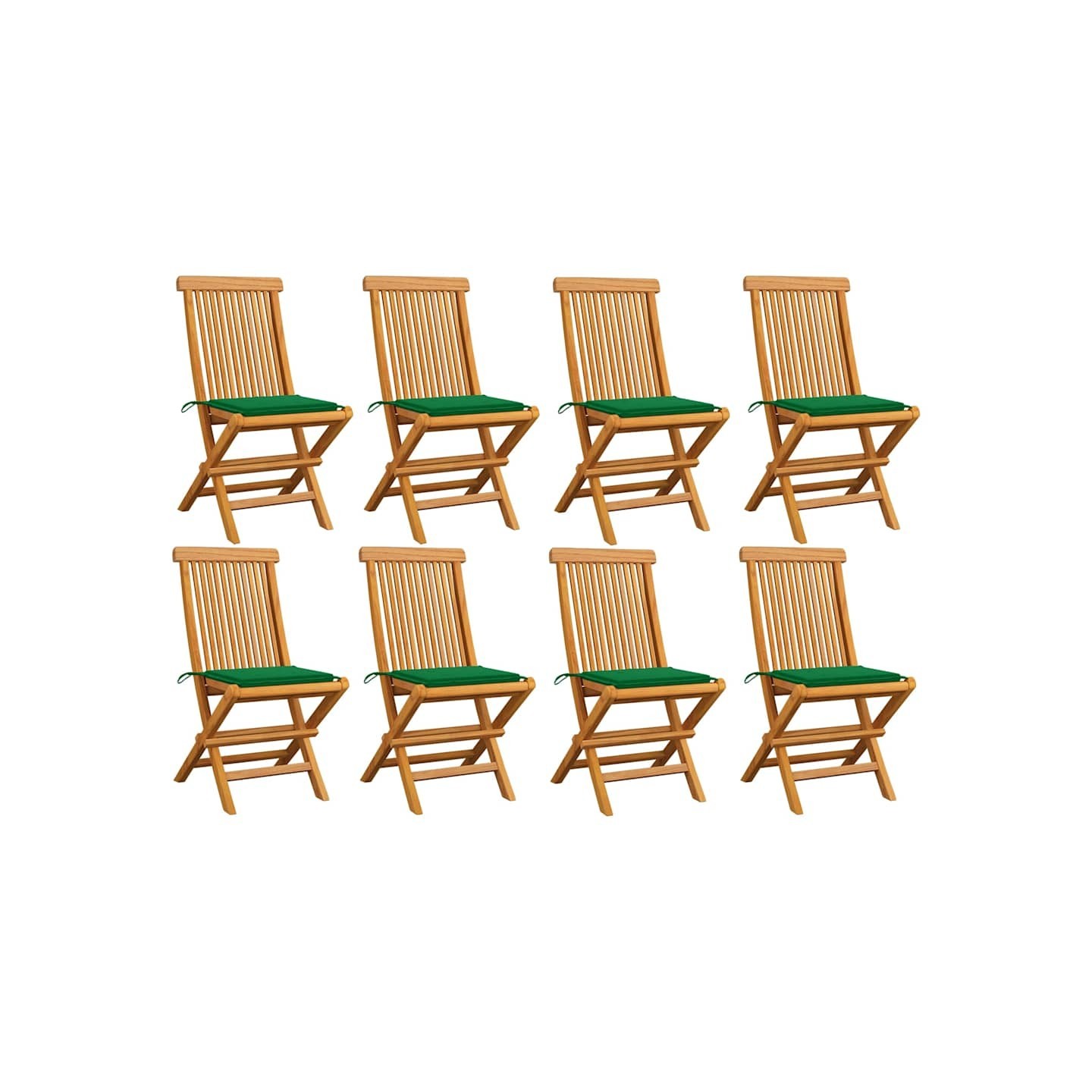 Chaises pliantes avec coussins verts, 8 pièces, en bois de teck massif