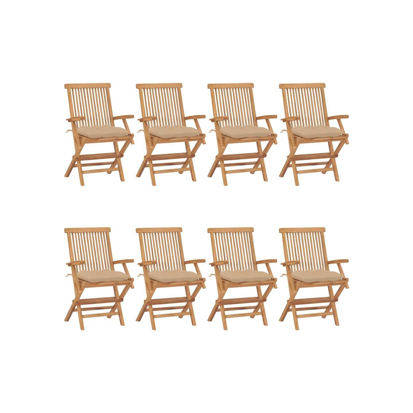 Chaises pliantes avec coussins beiges 8 pcs teck massif