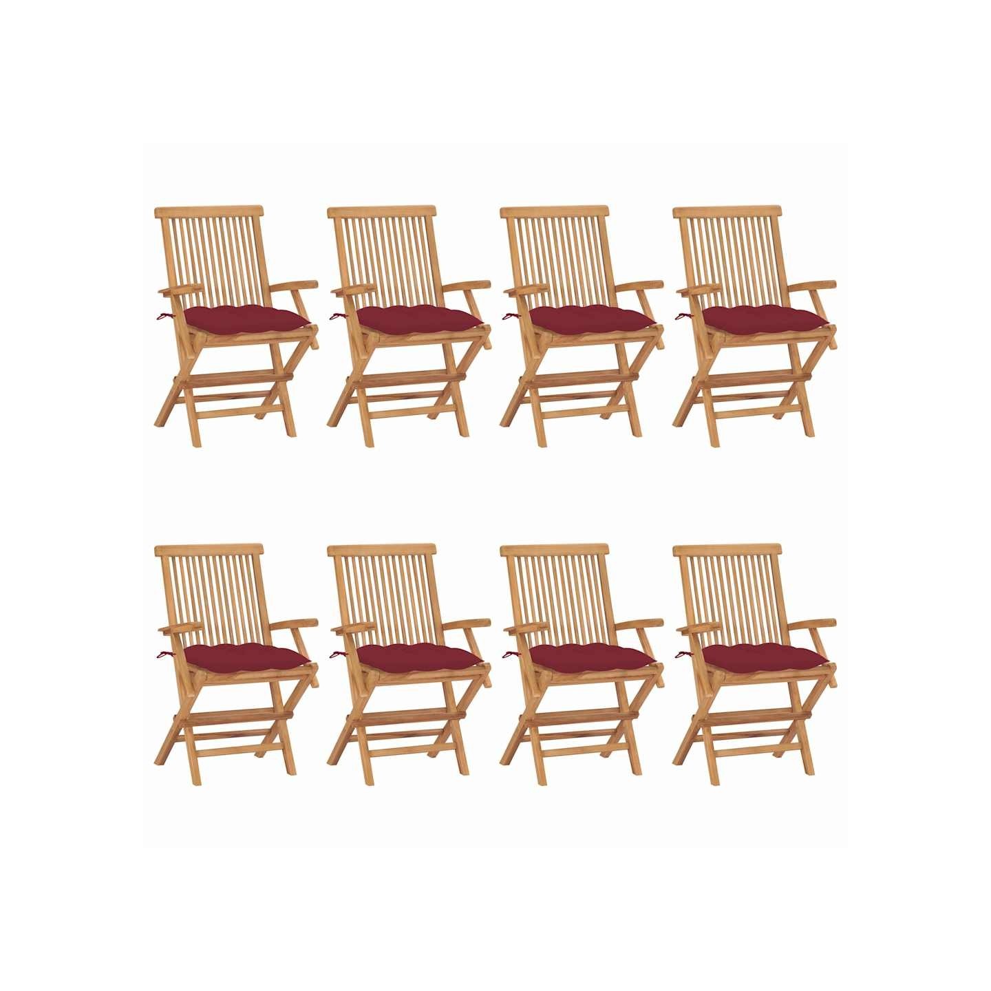 Chaises pliantes avec coussins rouge vin 8 pcs teck massif