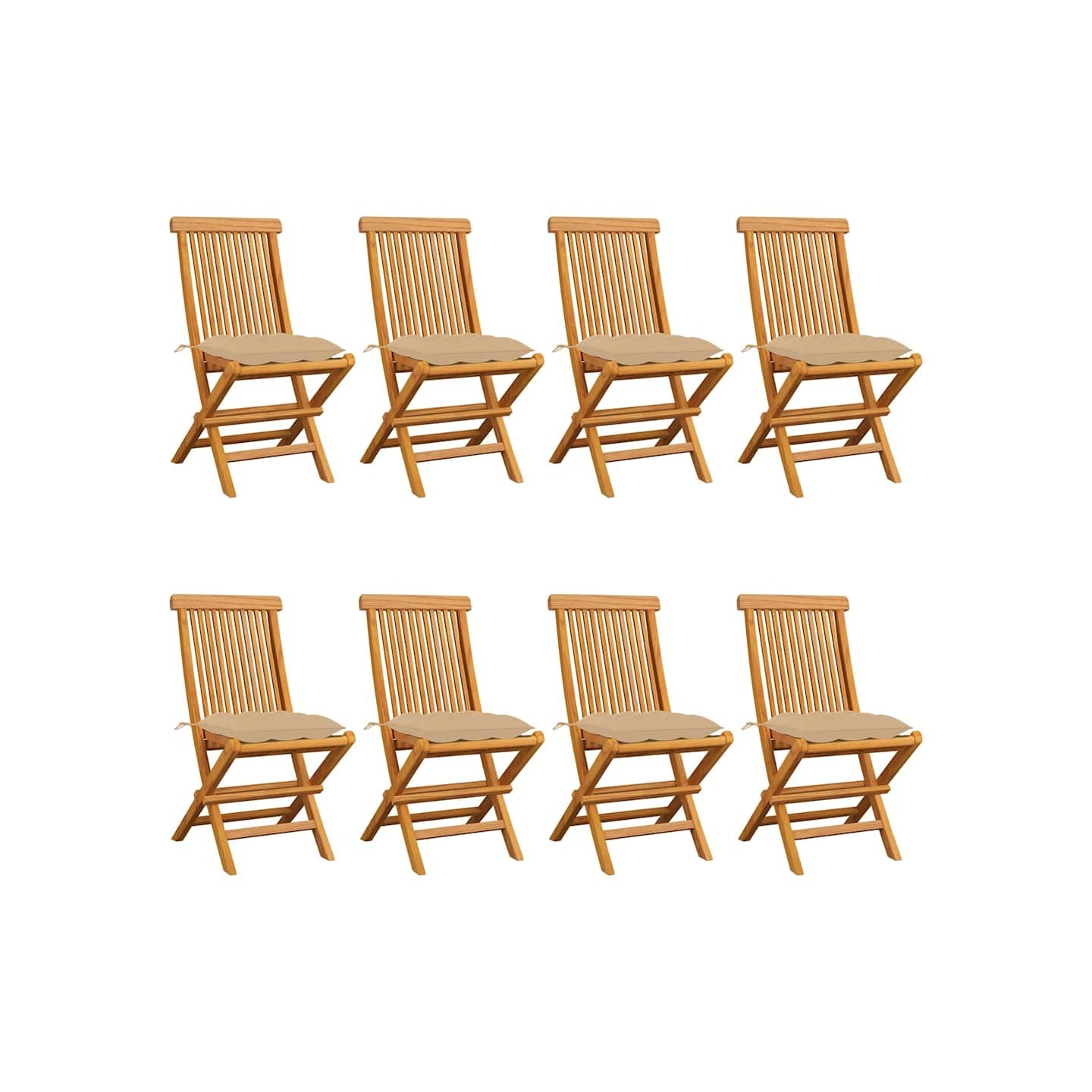 Chaises pliantes avec coussins beiges 8 pcs teck massif