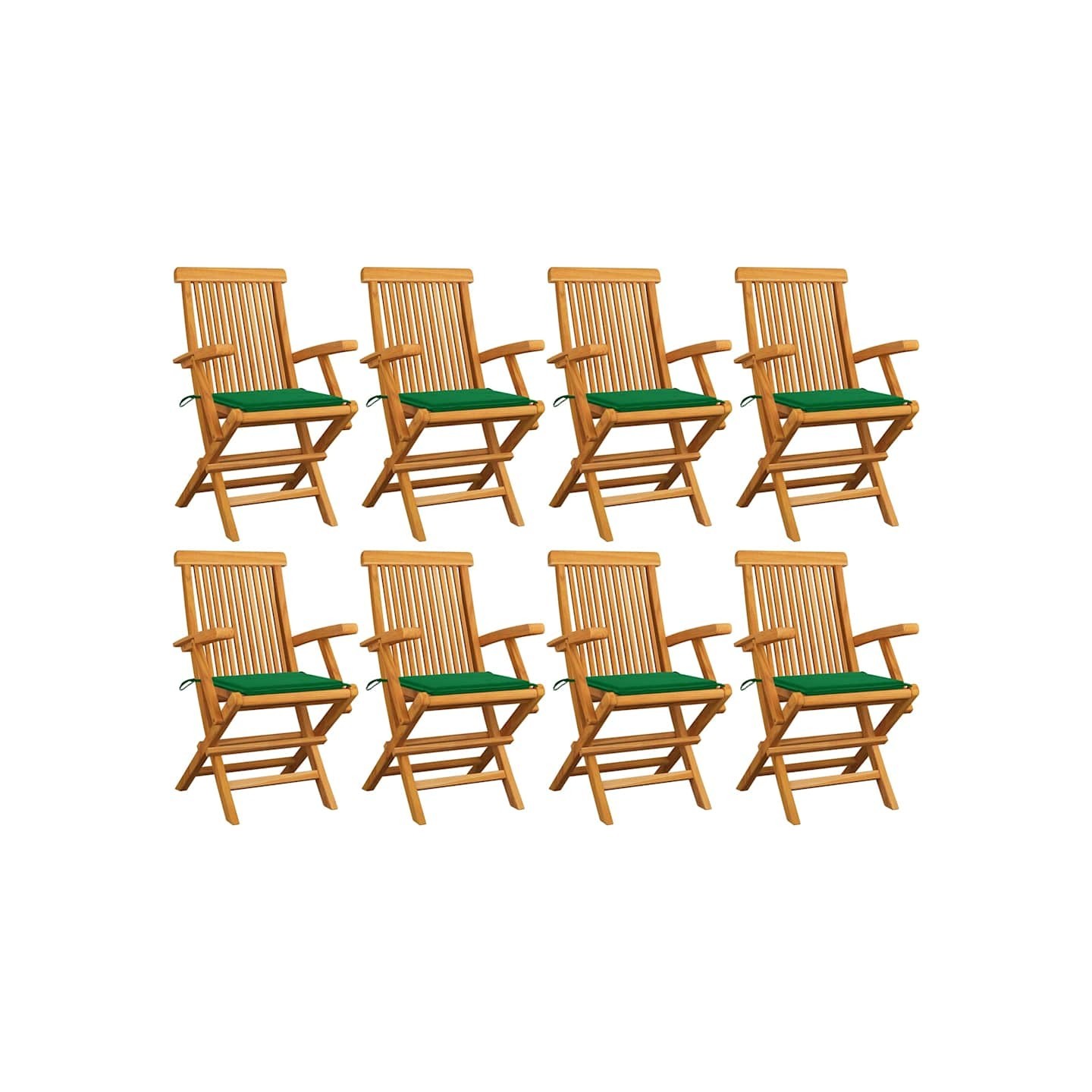 Chaises pliantes avec coussins verts, 8 pièces, en bois de teck massif