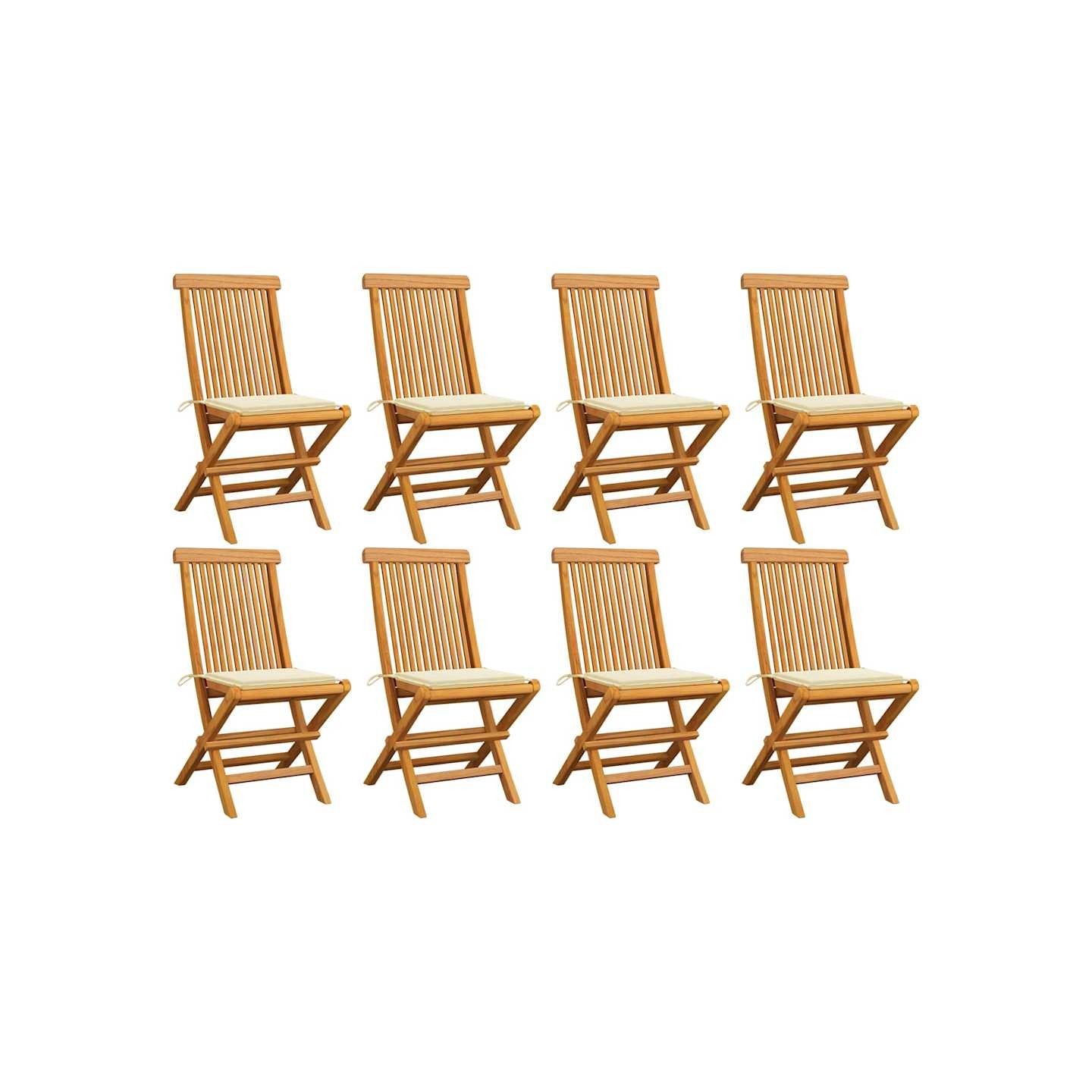 Chaises pliantes avec coussins crème, 8 pièces, en bois de teck massif