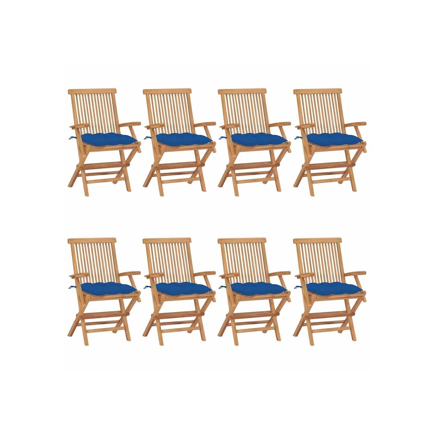 Chaises pliantes avec coussins bleus 8 pcs teck massif