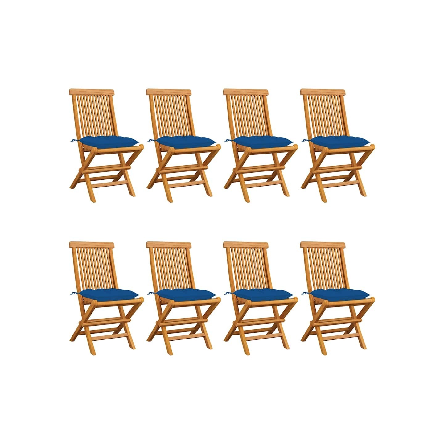 Chaises pliantes avec coussins bleus 8 pcs teck massif