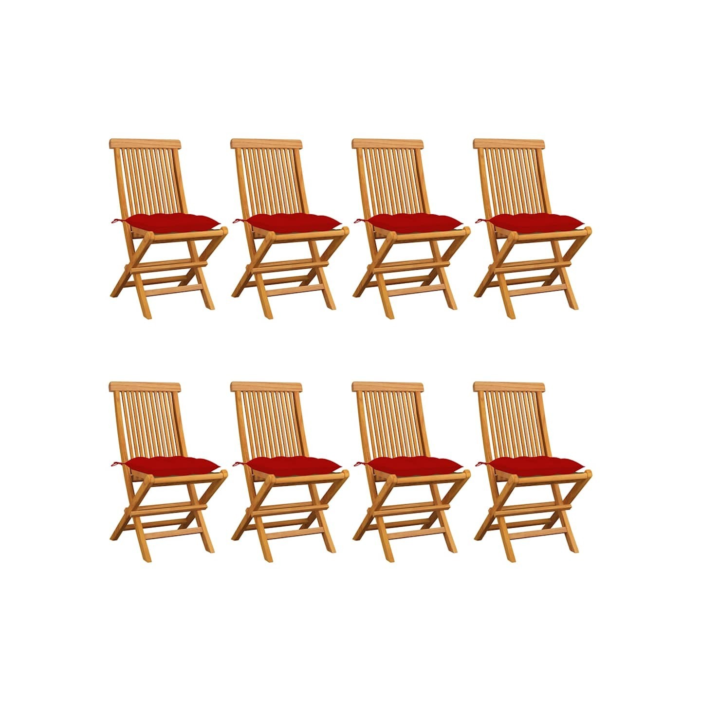 Chaises pliantes avec coussins rouges 8 pcs teck massif