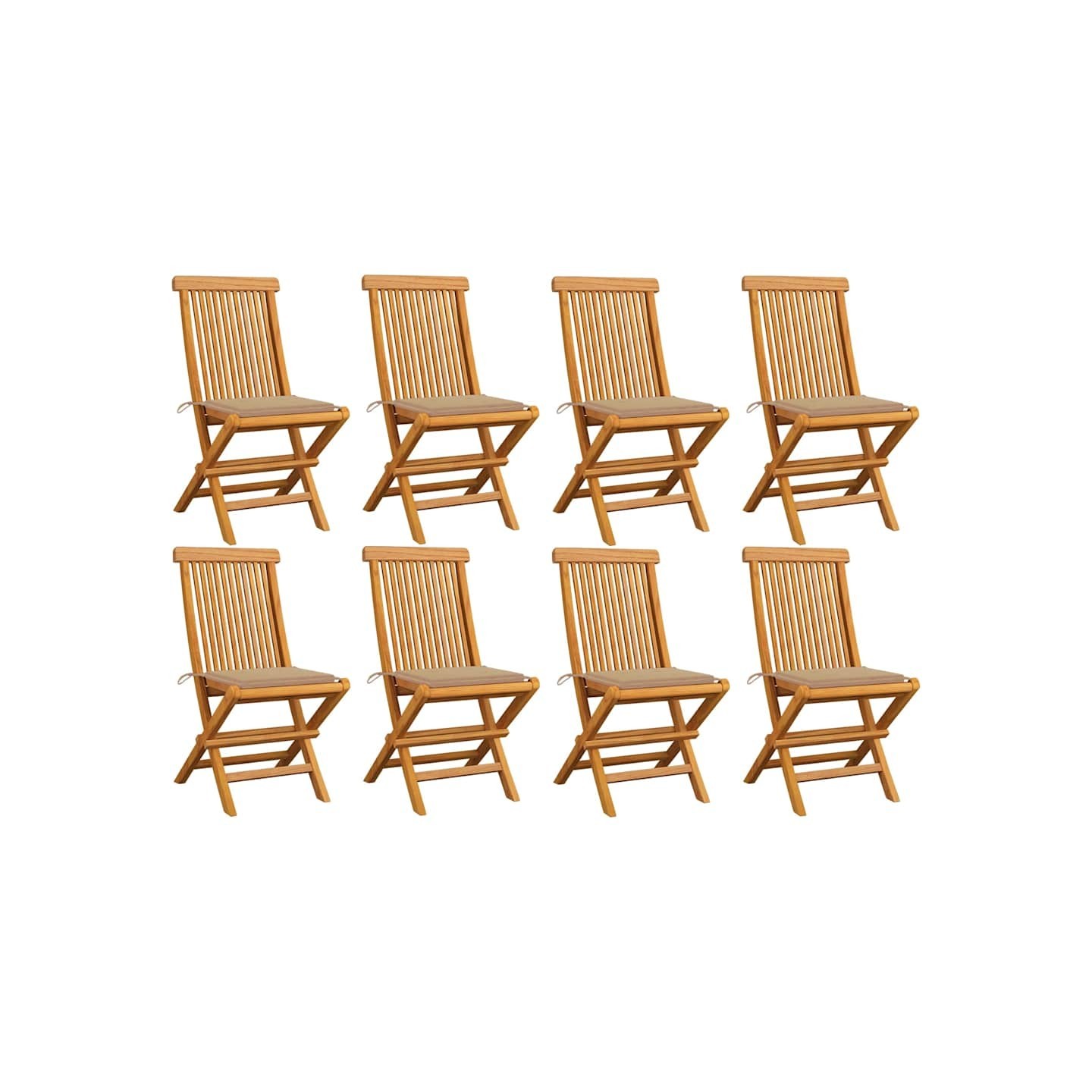 Chaises pliantes avec coussins beiges 8 pcs teck massif