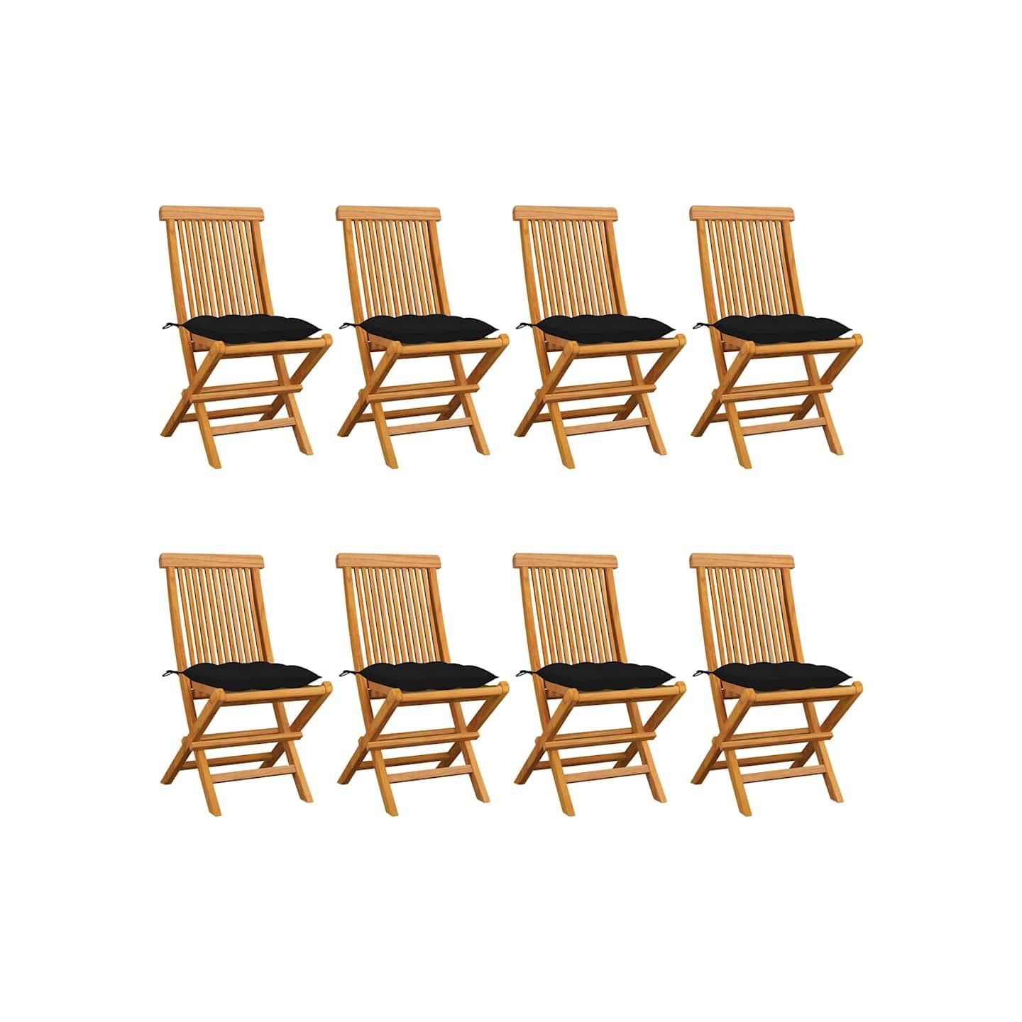 Chaises pliantes avec coussins noirs 8 pcs teck massif