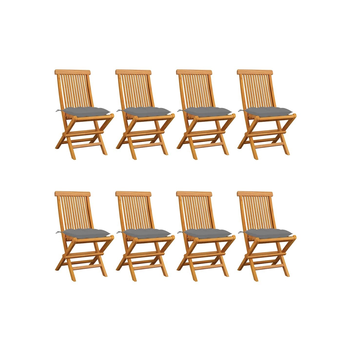 Chaises pliantes avec coussins gris, 8 pièces, en teck massif