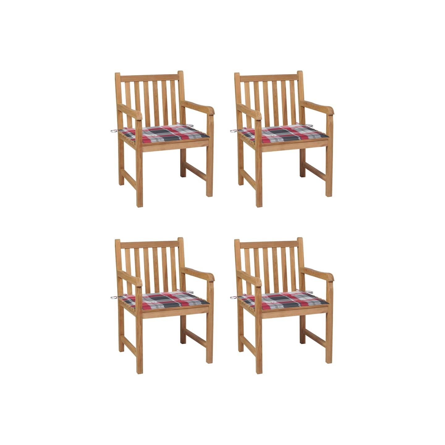 Chaises de jardin lot de 4 et coussins à carreaux rouge Teck