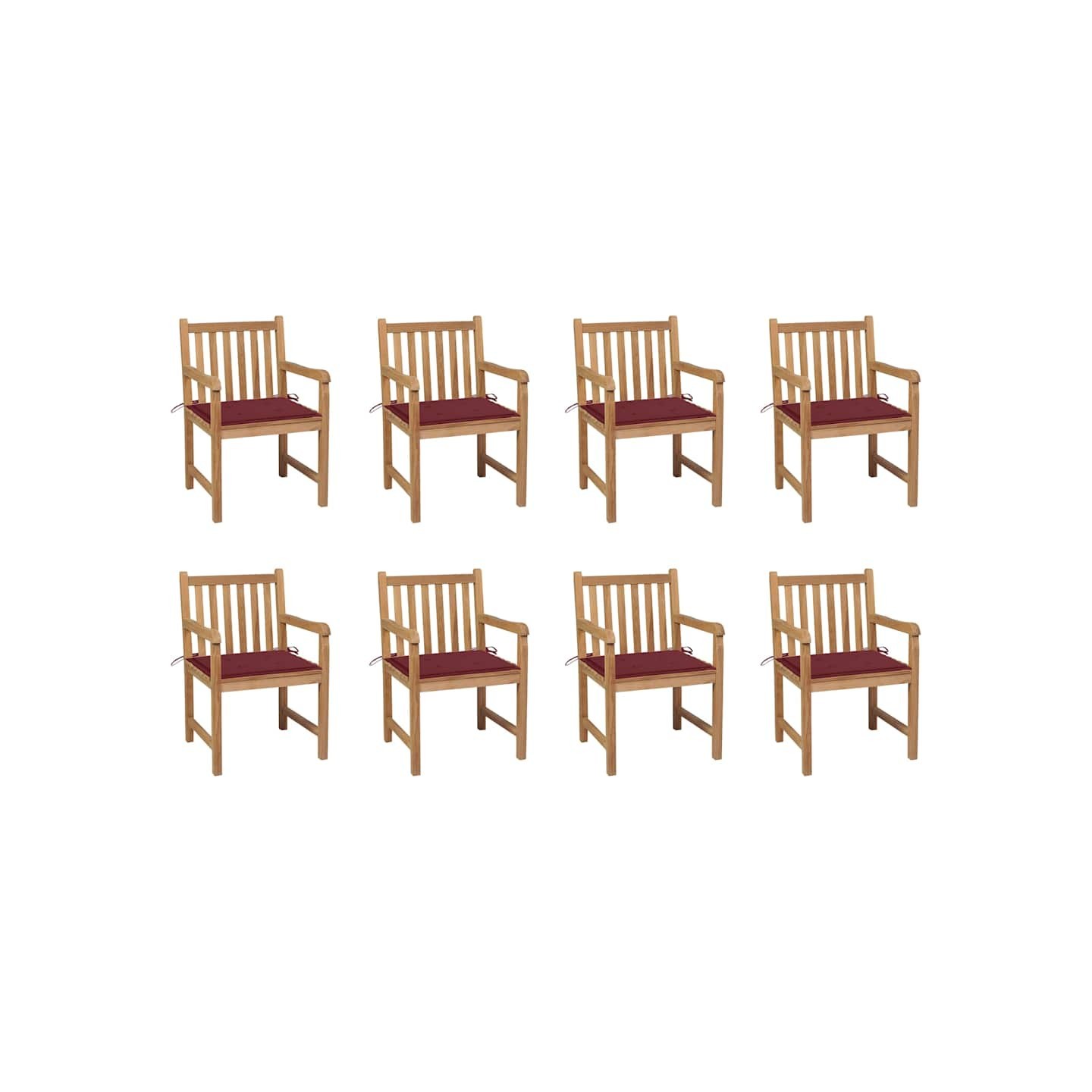 Chaises de jardin lot de 8 avec coussins bordeaux Bois de teck