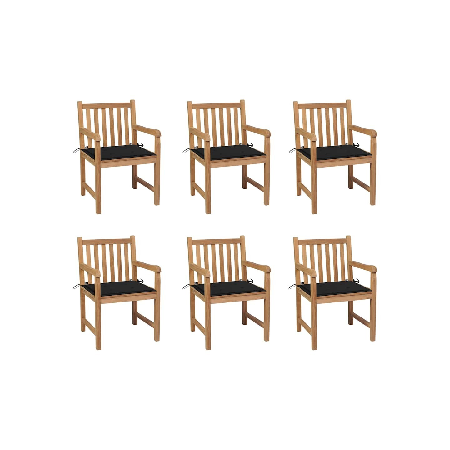 Chaises de jardin lot de 6 et coussins noir Bois de teck massif