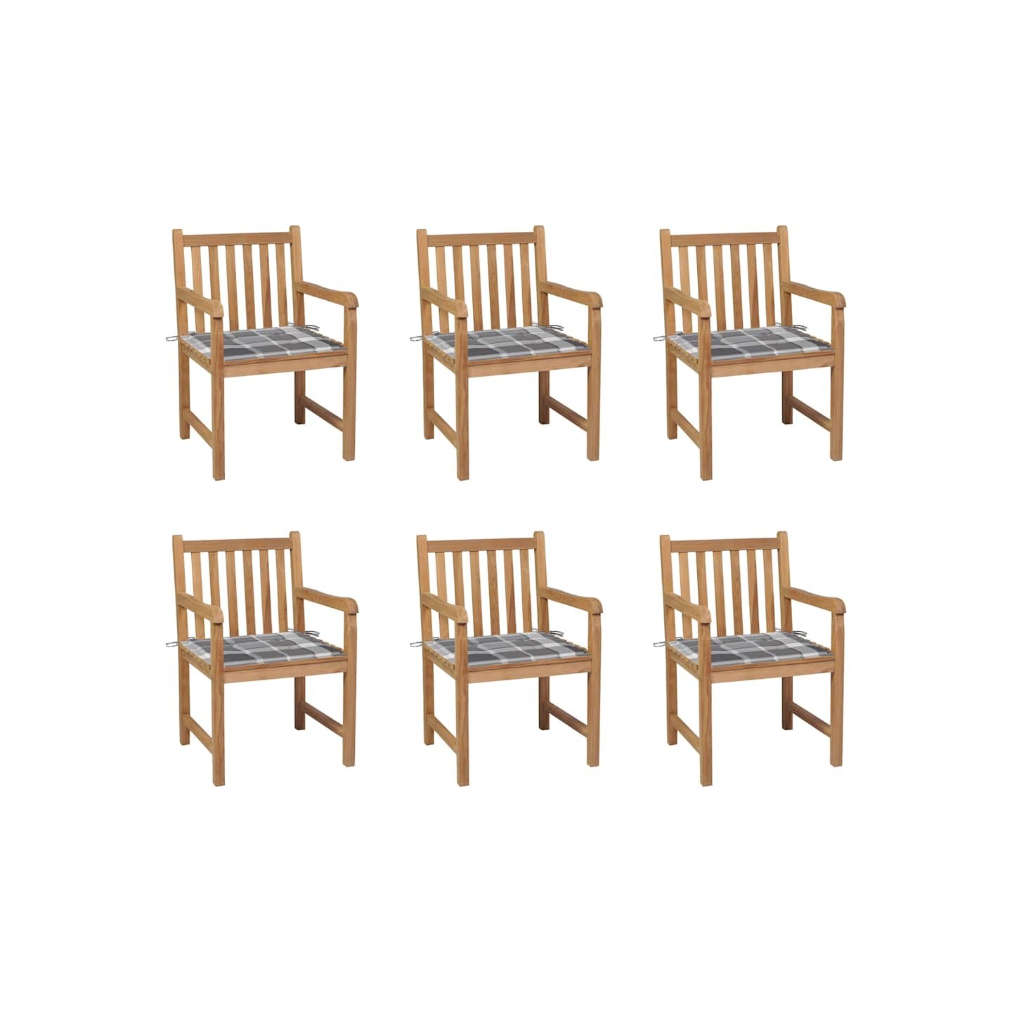Chaises de jardin lot de 6 et coussins carreaux gris bois teck