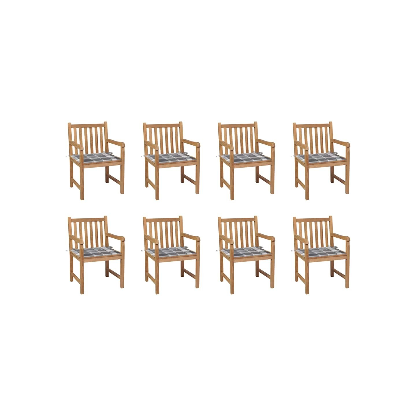 Chaises de jardin lot de 8 et coussins carreaux gris Bois teck