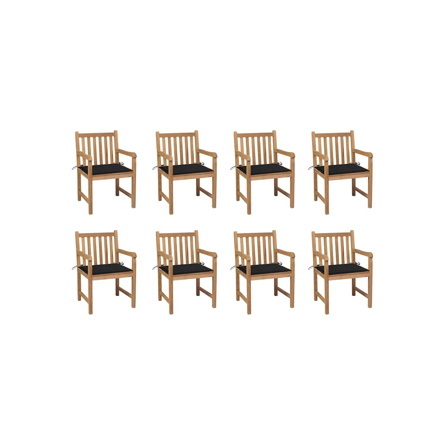 Chaises de jardin lot de 8 avec coussins noir Bois teck massif