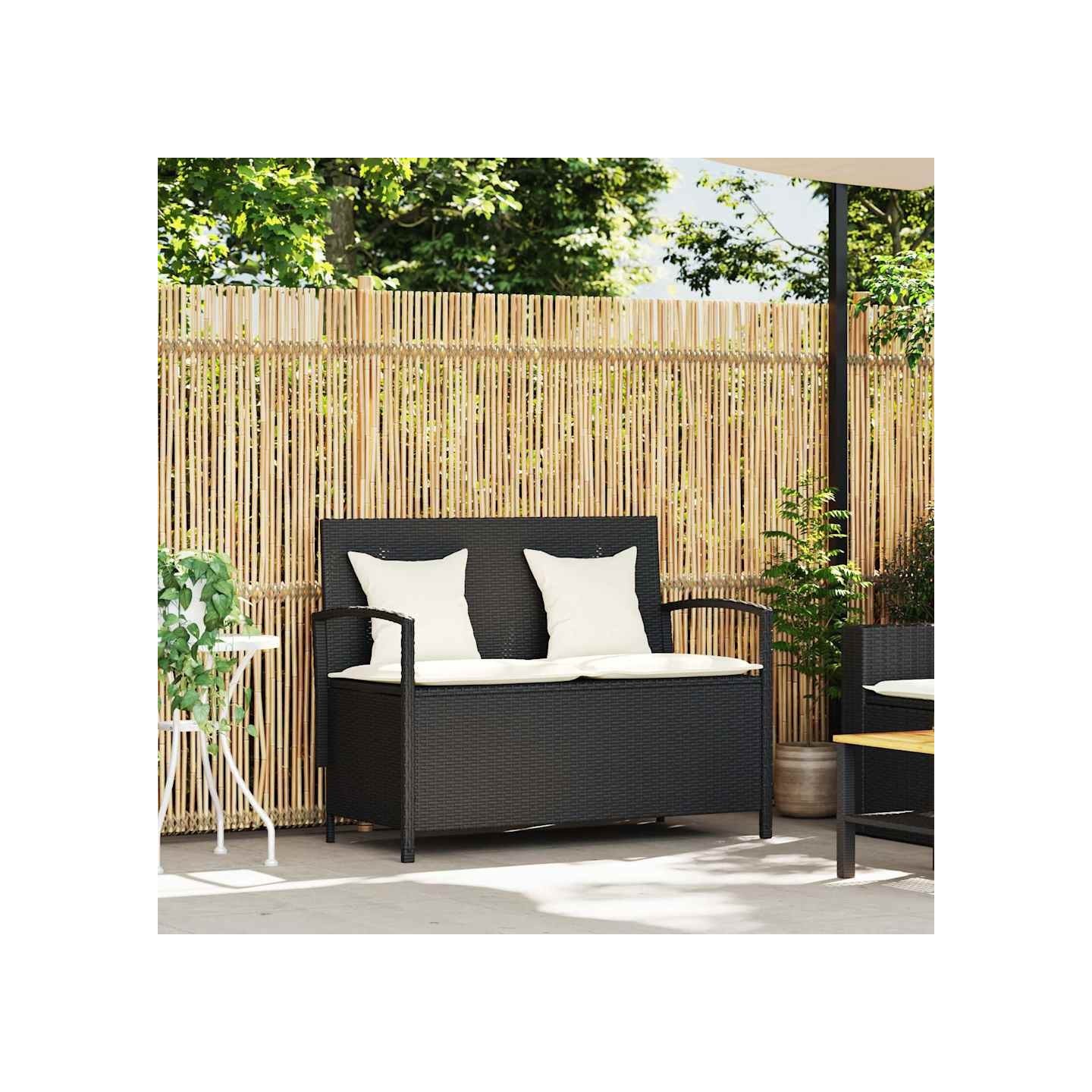 Banc de rangement de jardin avec coussin noir résine tressée