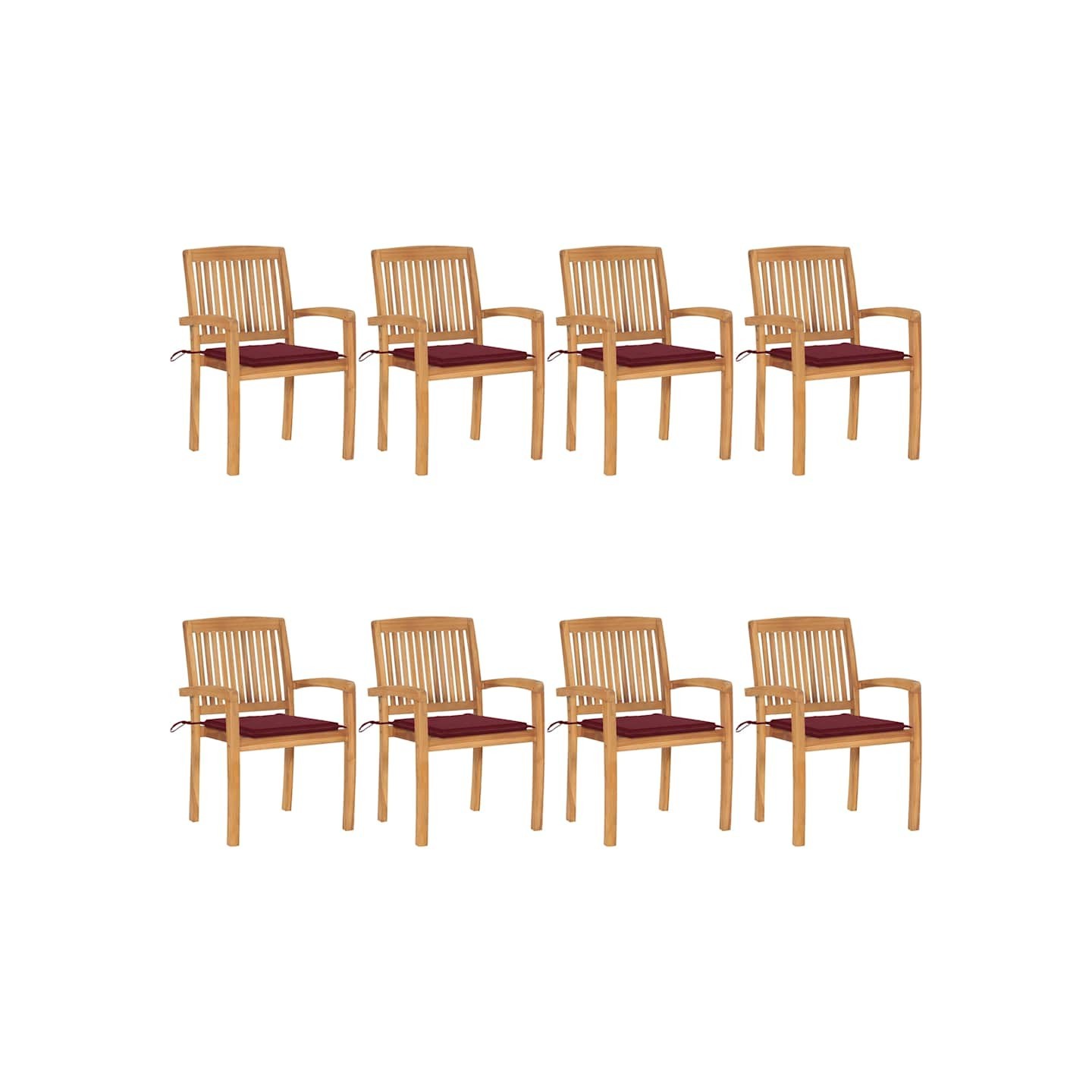 Chaises de jardin empilables avec coussins lot de 8 Teck solide