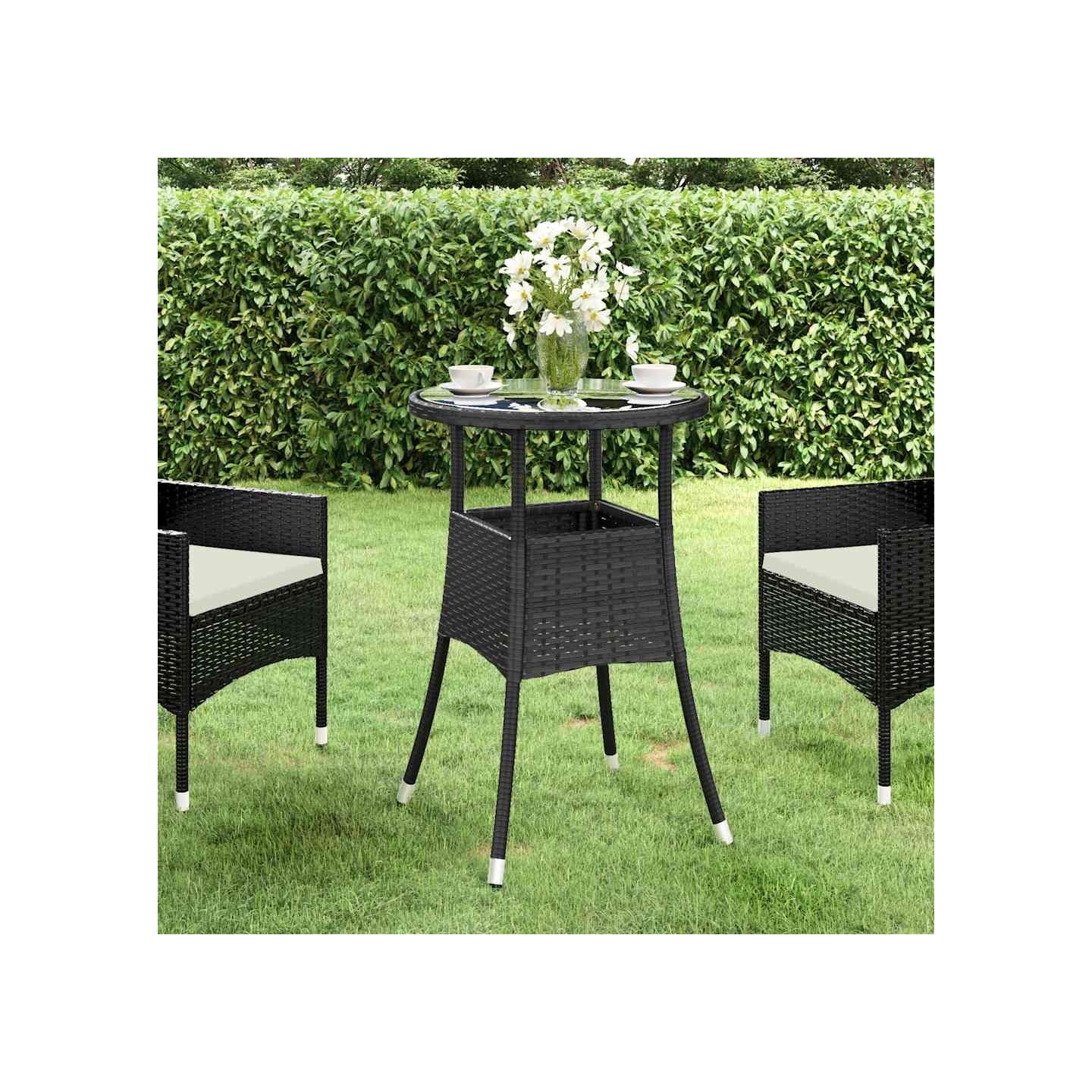 Table de jardin Ø60x75 cm Verre trempé/résine tressée Noir