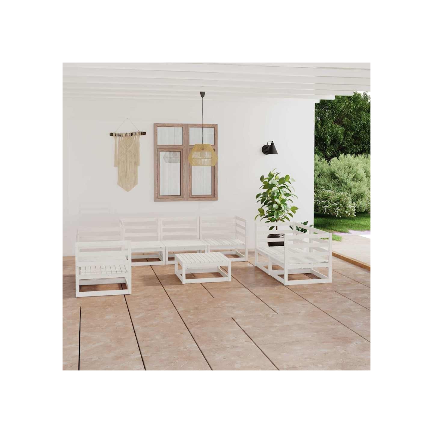Salon de jardin 8 pcs Blanc Bois de pin massif