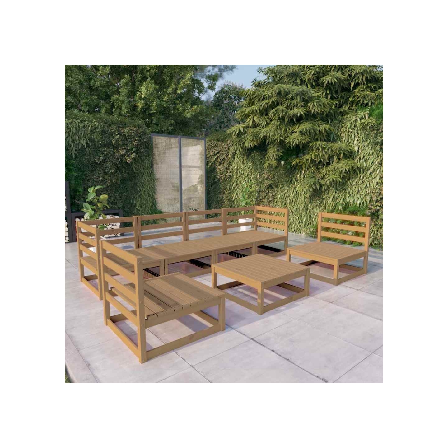 Salon de jardin 7 pcs marron miel bois de pin massif